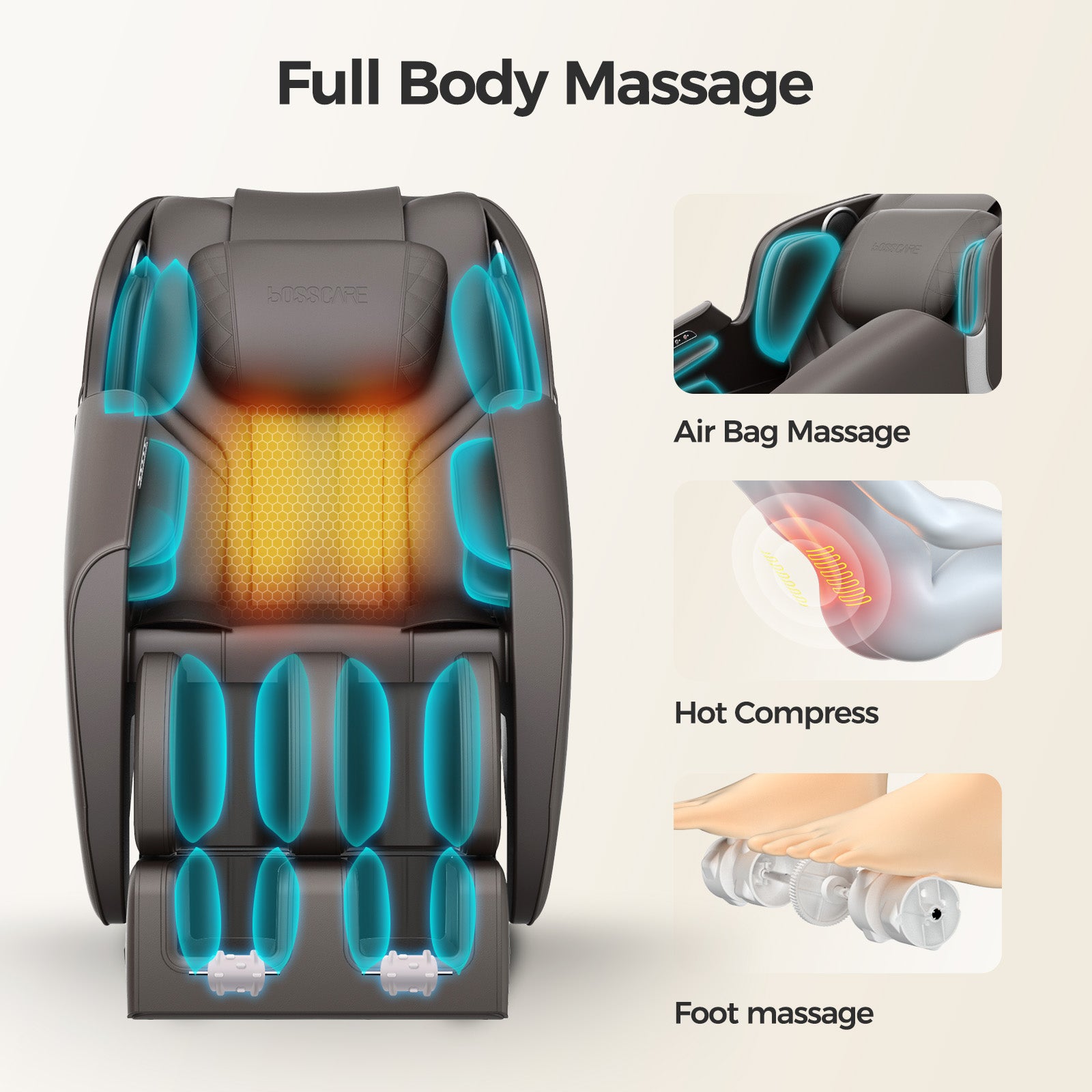 Comprehensive airbag compression system in Bosscare GR8012 covering shoulders, arms, hips, calves, and feet with adjustable intensity.