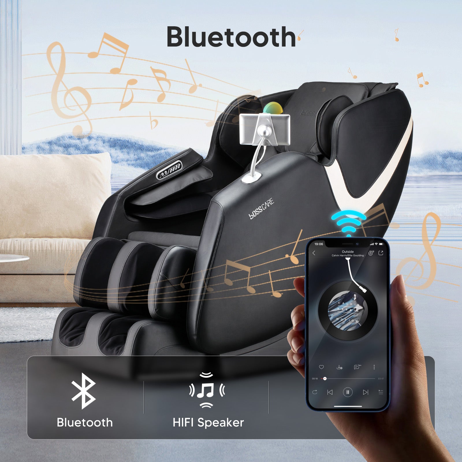 Bosscare GR8013 massage chair featuring built-in HIFI Bluetooth speakers for an immersive audio experience. Users can easily sync their smartphones via Bluetooth to enjoy music, podcasts, or guided meditation during their full-body massage. Ideal for creating a personalized home spa environment.