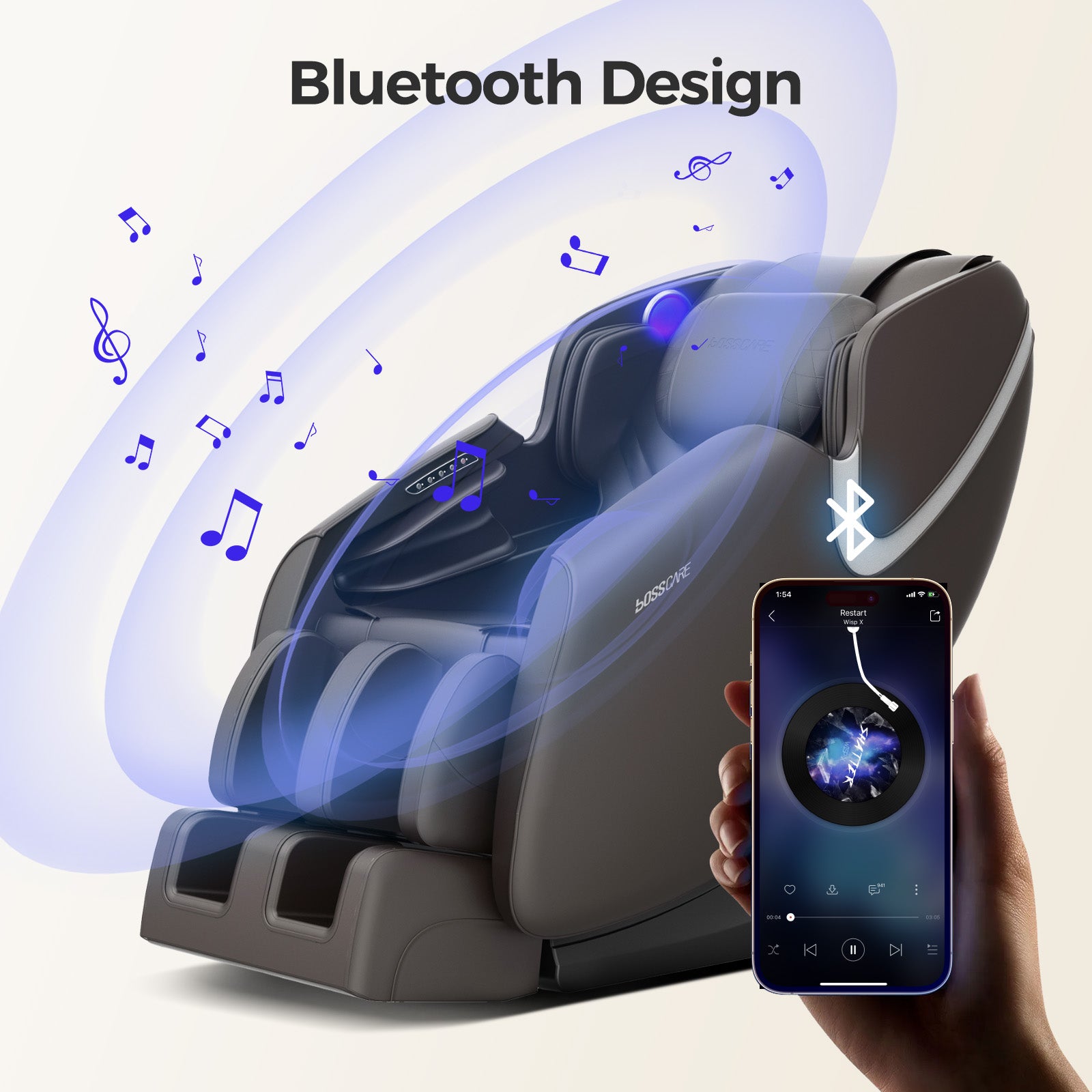 BossCare GR8012 massage chair with high-fidelity built-in Bluetooth speakers for wireless music streaming and integrated armrest shortcut controls.