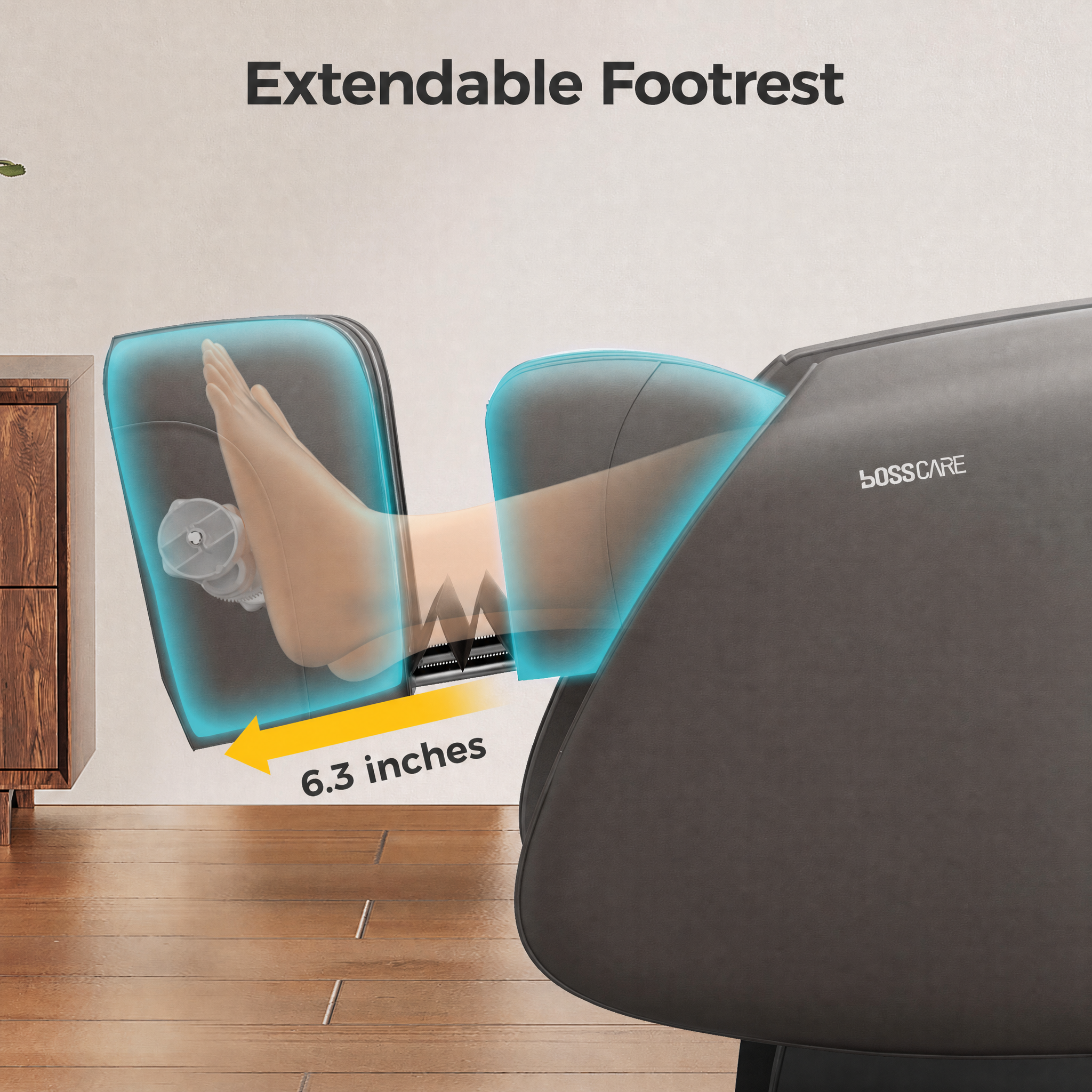 Close-up of the BossCare GR8012 extendable footrest showing a 6.3-inch manual adjustment range to accommodate users of different heights.