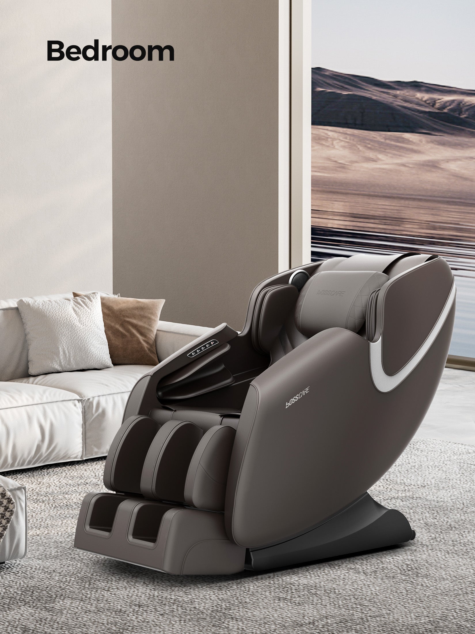 Bosscare GR8012 zero gravity massage chair in a modern, sunlit bedroom setting, positioned near a large window for a peaceful home relaxation experience.