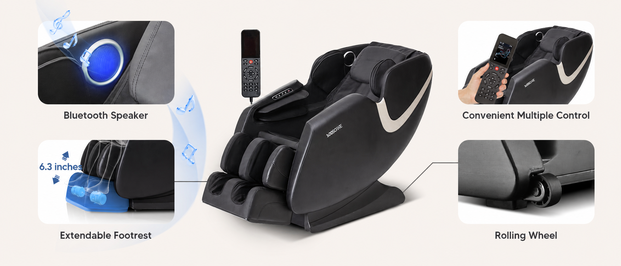 BossCare GR8012 full body massage chair features high-fidelity Bluetooth speakers, a 6.3-inch extendable footrest, and a dual-control system with a handheld remote and armrest buttons for an immersive home relaxation experience.