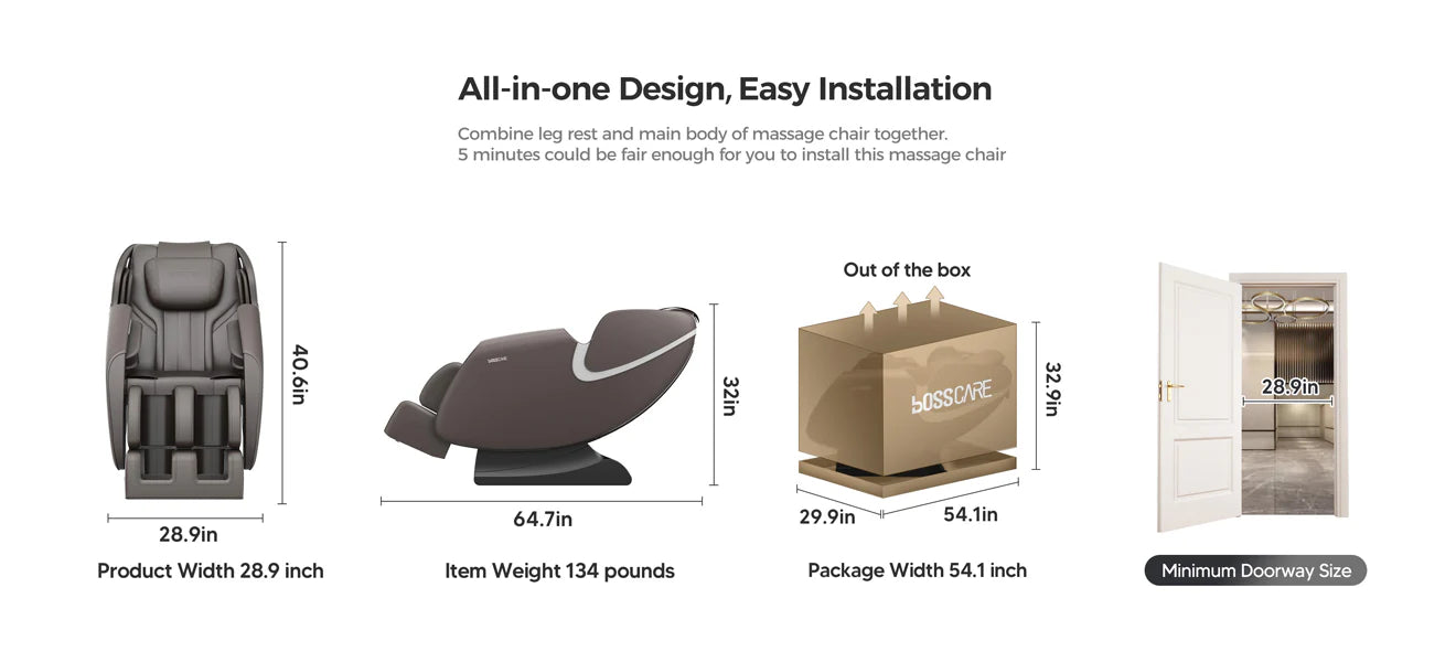 Bosscare GR8012 all-in-one massage chair with easy 5-minute installation and space-saving design; featuring a 28.9-inch minimum doorway width requirement and compact upright/reclined dimensions for home use.