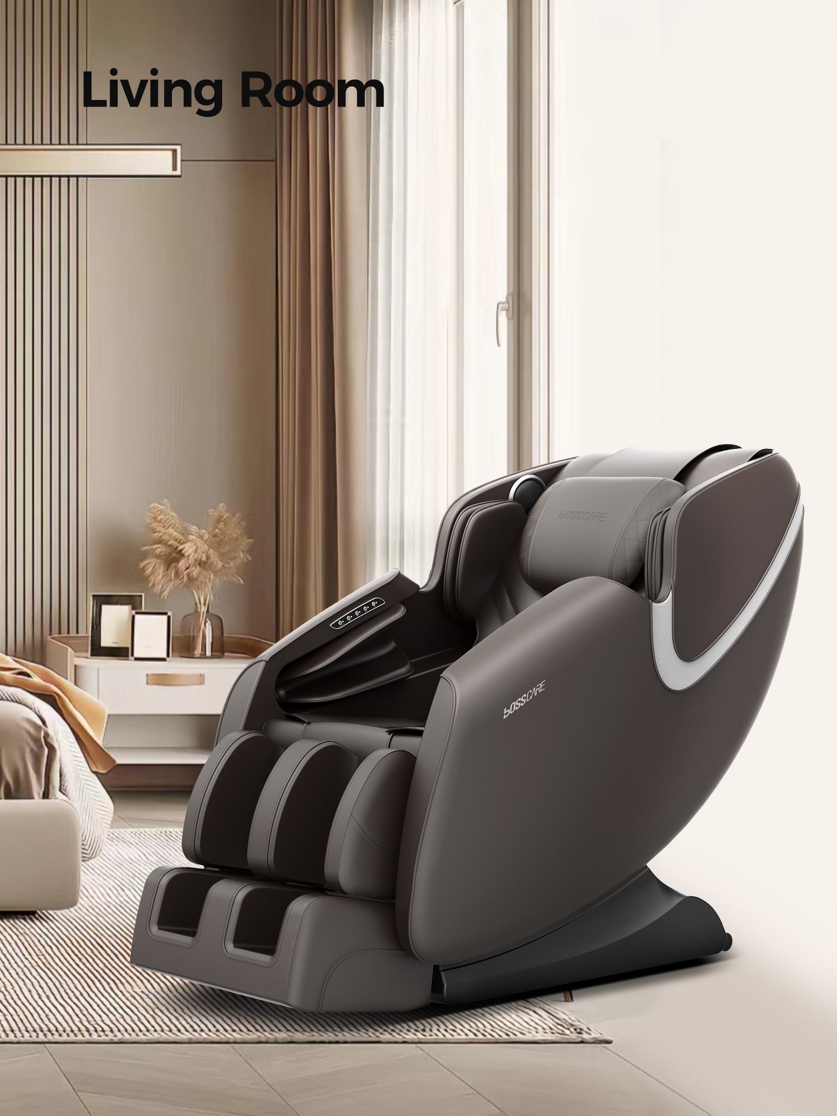 A stylish Bosscare GR8012 full body massage chair integrated into a contemporary living room decor, placed next to a bed and nightstand to showcase its space-saving design.