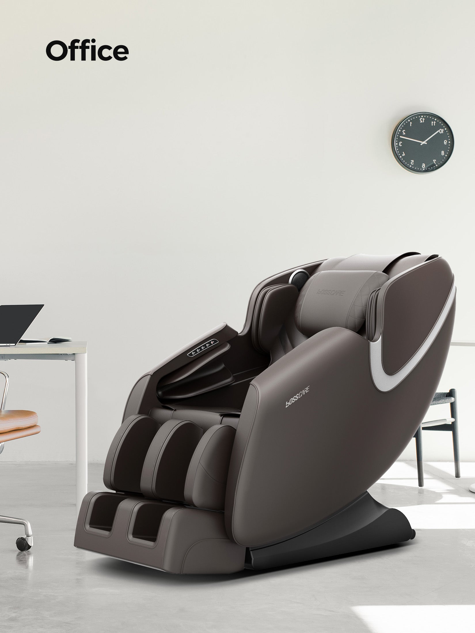 Bosscare GR8012 ergonomic massage chair in a professional home office environment, ideal for executive stress relief and muscle recovery during work breaks.