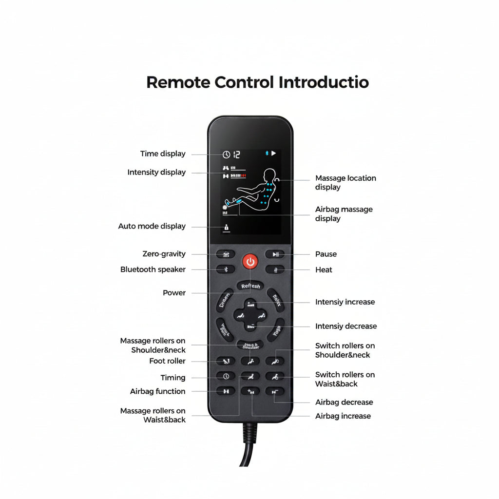 Intuitive handheld remote control for Bosscare GR8012 massage chair with clear LCD display and 6 automatic massage modes.