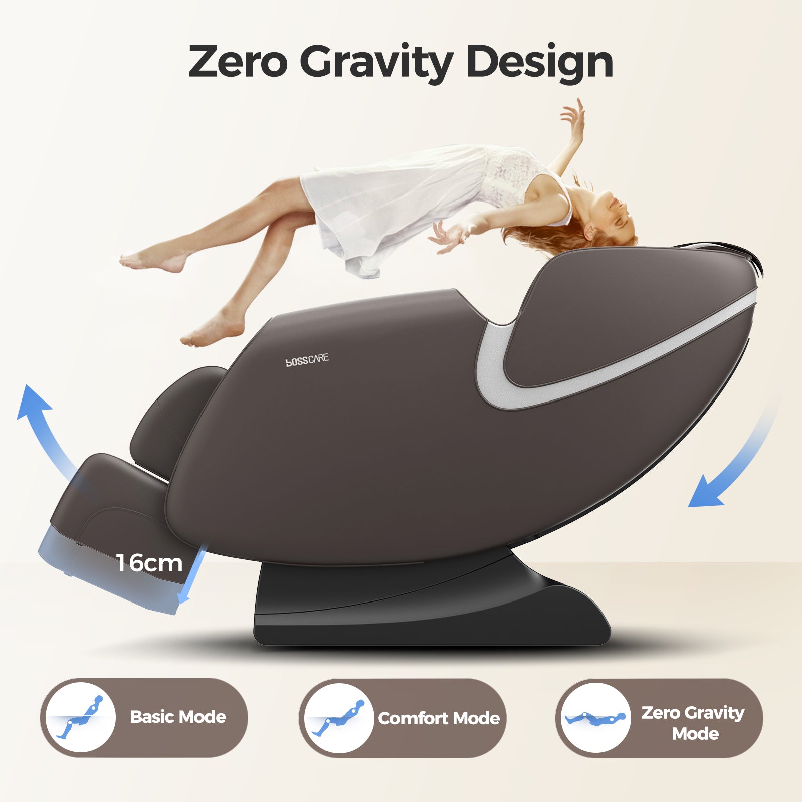 3-Stage Zero Gravity design of Bosscare GR8012 massage chair to relieve spinal pressure and create weightless relaxation.