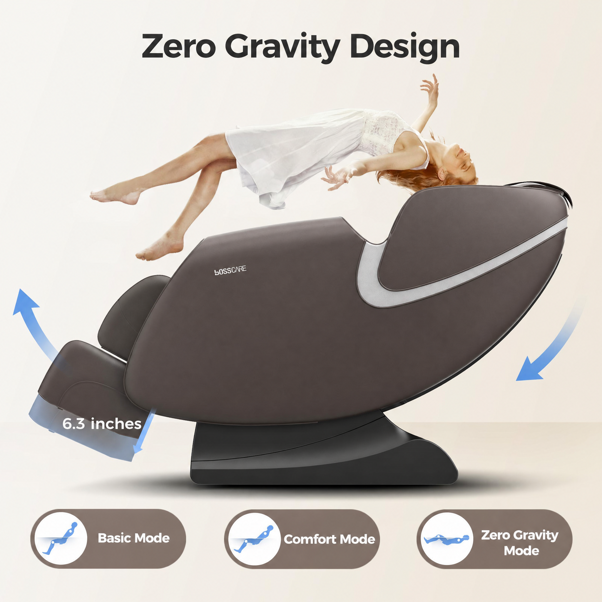 3-Stage Zero Gravity design of Bosscare GR8012 massage chair to relieve spinal pressure and create weightless relaxation.