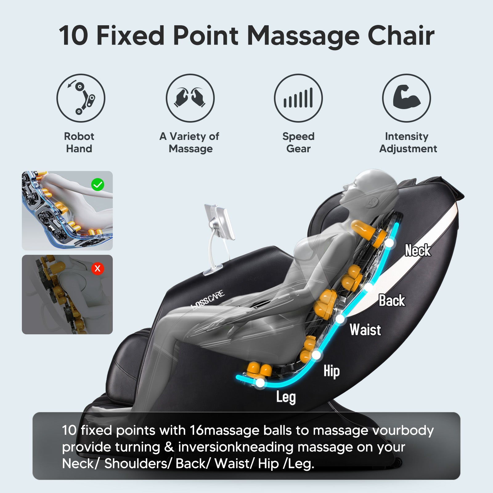 Internal mechanics of Bosscare GR8013 massage chair featuring 10 fixed points with 16 massage balls for turning and inversion kneading. The system targets the neck, shoulders, back, waist, hip, and legs with adjustable speed gears and intensity levels, simulating a professional robot hand massage experience.
