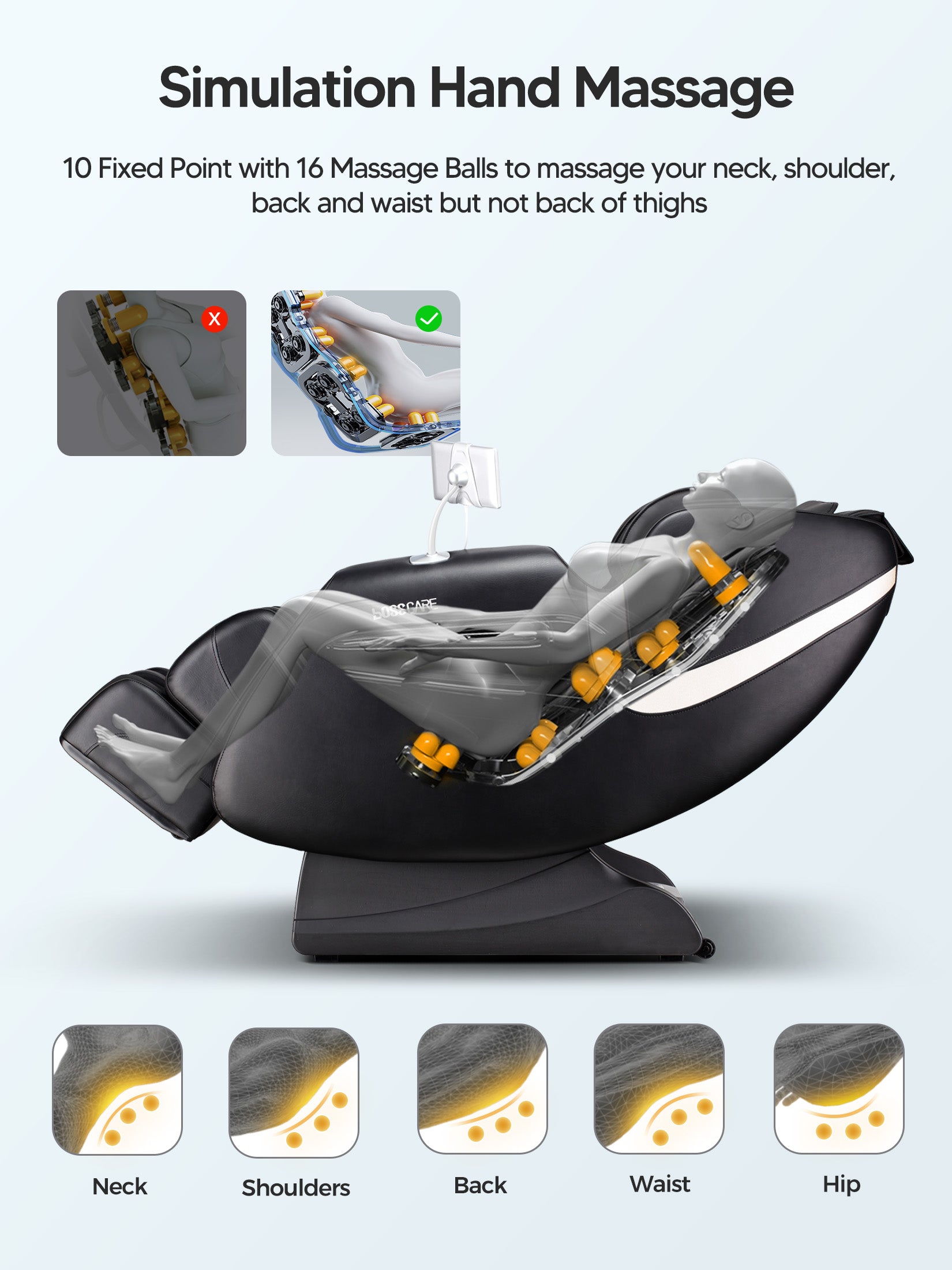Internal mechanics of Bosscare GR8013 massage chair featuring 10 fixed points with 16 massage balls for turning and inversion kneading. The system targets the neck, shoulders, back, waist, hip, and legs with adjustable speed gears and intensity levels, simulating a professional robot hand massage experience.