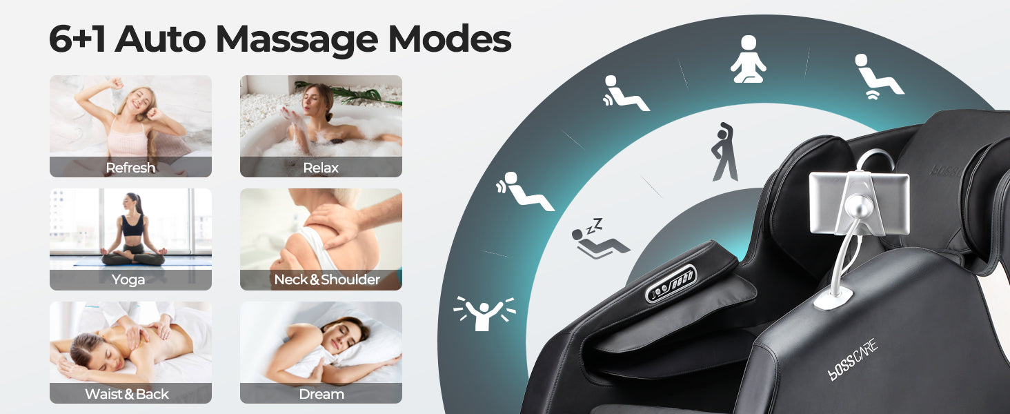 Informative guide for Bosscare GR8013 featuring 6+1 Auto Massage Modes: Refresh, Relax, Yoga, Neck & Shoulder, Waist & Back, and Dream mode. Designed to provide a personalized wellness experience for home or office, ensuring professional-grade relaxation through diverse smart programming.
