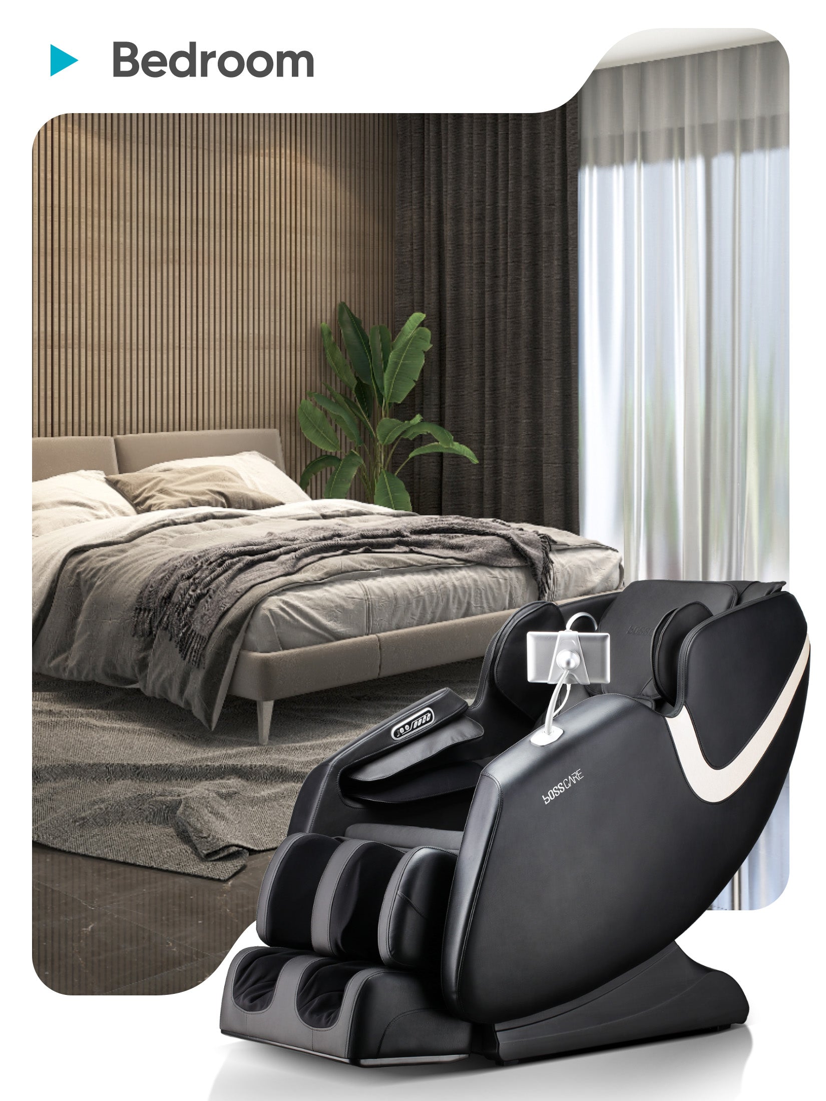 A Bosscare GR8013 SmartRelax massage chair in a modern, cozy bedroom setting. Highlights its sleek black design and space-saving footprint, making it an ideal choice for a relaxing nightly wind-down routine at home.
