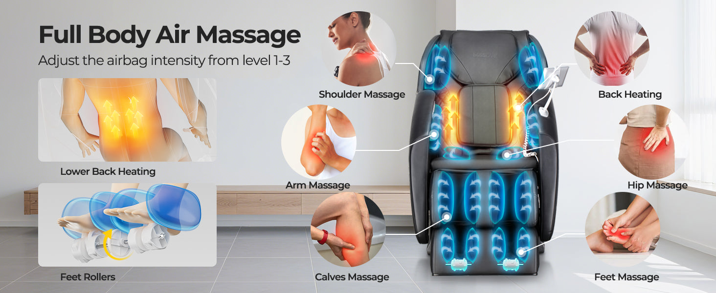 Comprehensive view of Bosscare GR8013 full body air massage system with 3 levels of adjustable intensity. Features dedicated airbag massage for shoulders, arms, calves, and feet, combined with soothing lower back, back, and hip heating. Includes specialized foot rollers for complete foot reflexology and muscle recovery.