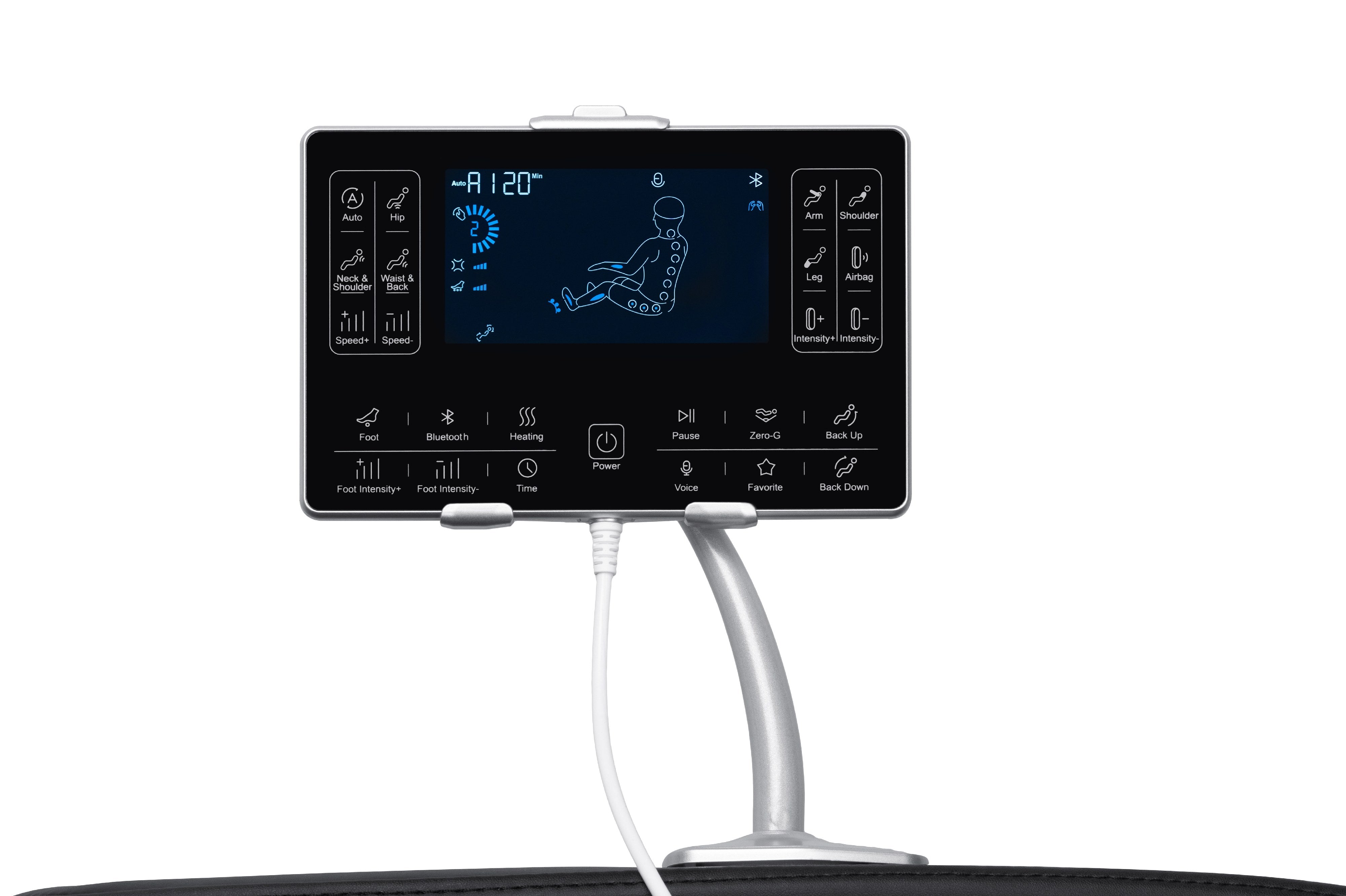 Close-up of the BossCare GR8013 massage chair's 7-inch large screen remote control and comfortable headrest.