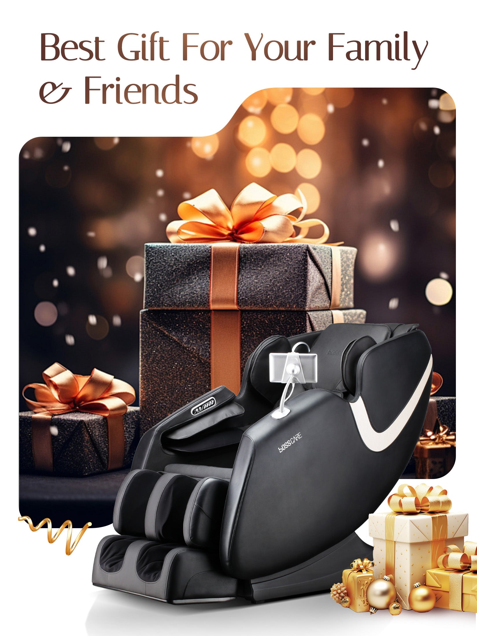 Bosscare GR8013 smart massage chair presented as a premium gift with elegant gift boxes and festive decorations. Ideal as a wellness gift for family and friends during holidays or special occasions, combining advanced AI technology with luxury relaxation to show care for loved ones.