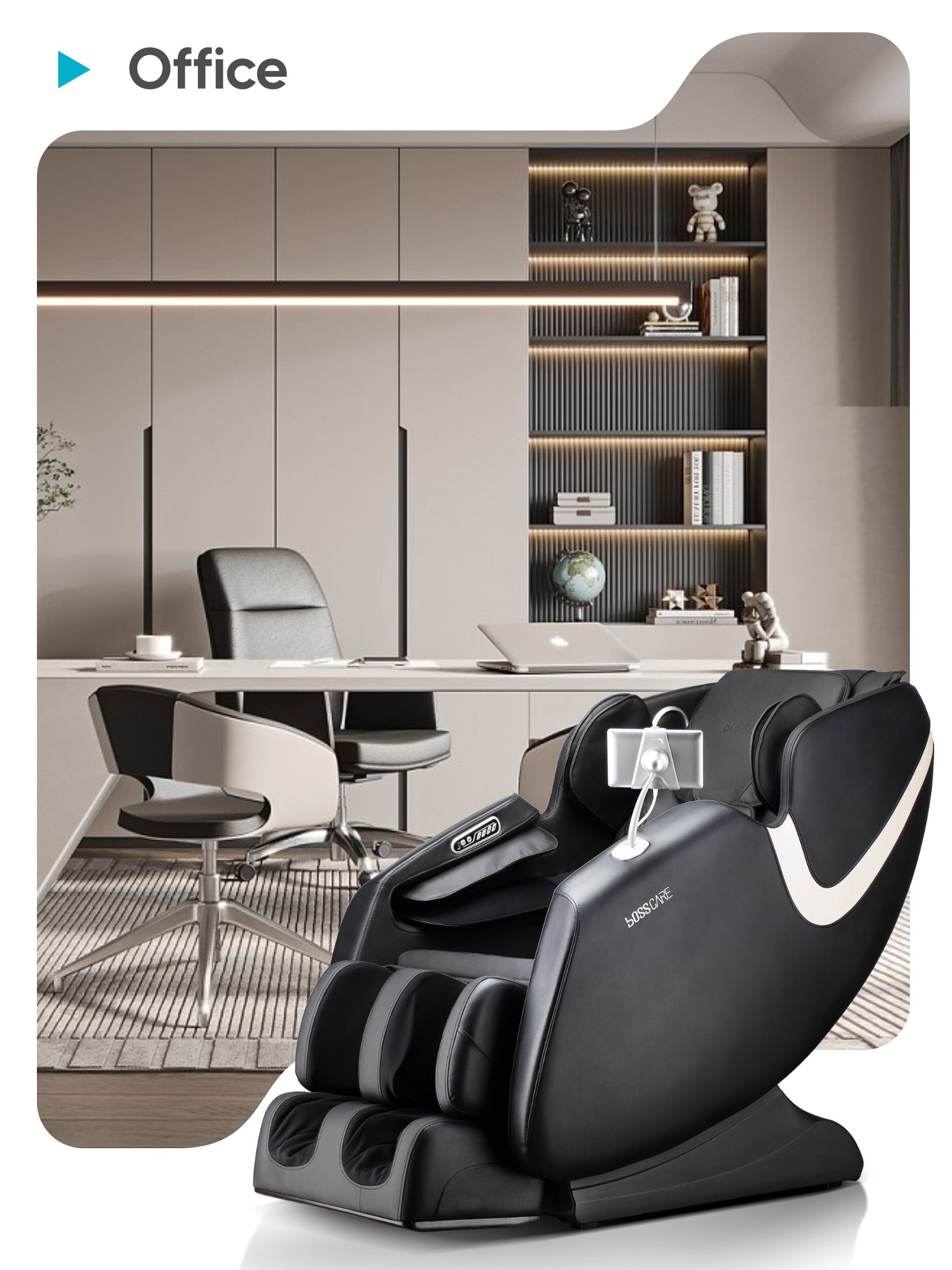 The Bosscare GR8013 placed in a professional office environment. Perfect for executives and remote workers seeking muscle recovery and mental refreshment during work breaks, featuring an easy-to-use 7-inch touch screen.