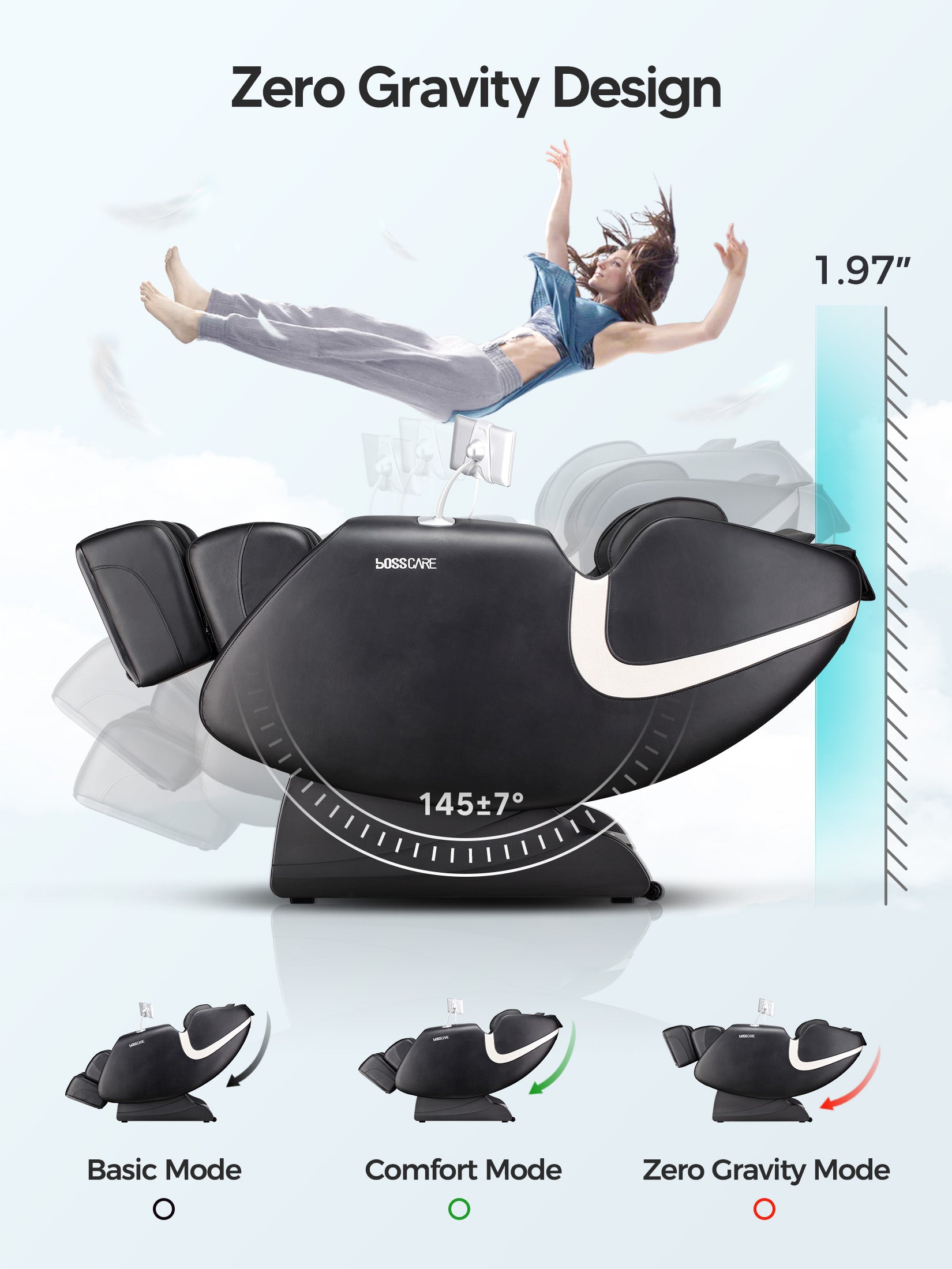 Demonstration of the space-saving technology of Bosscare GR8013 massage chair, requiring only 1.97 inches of wall clearance for full reclining. Features Zero Gravity Design with three adjustable modes—Basic, Comfort, and Zero Gravity—at a 145±7 degree angle for a weightless relaxation experience in small living spaces.