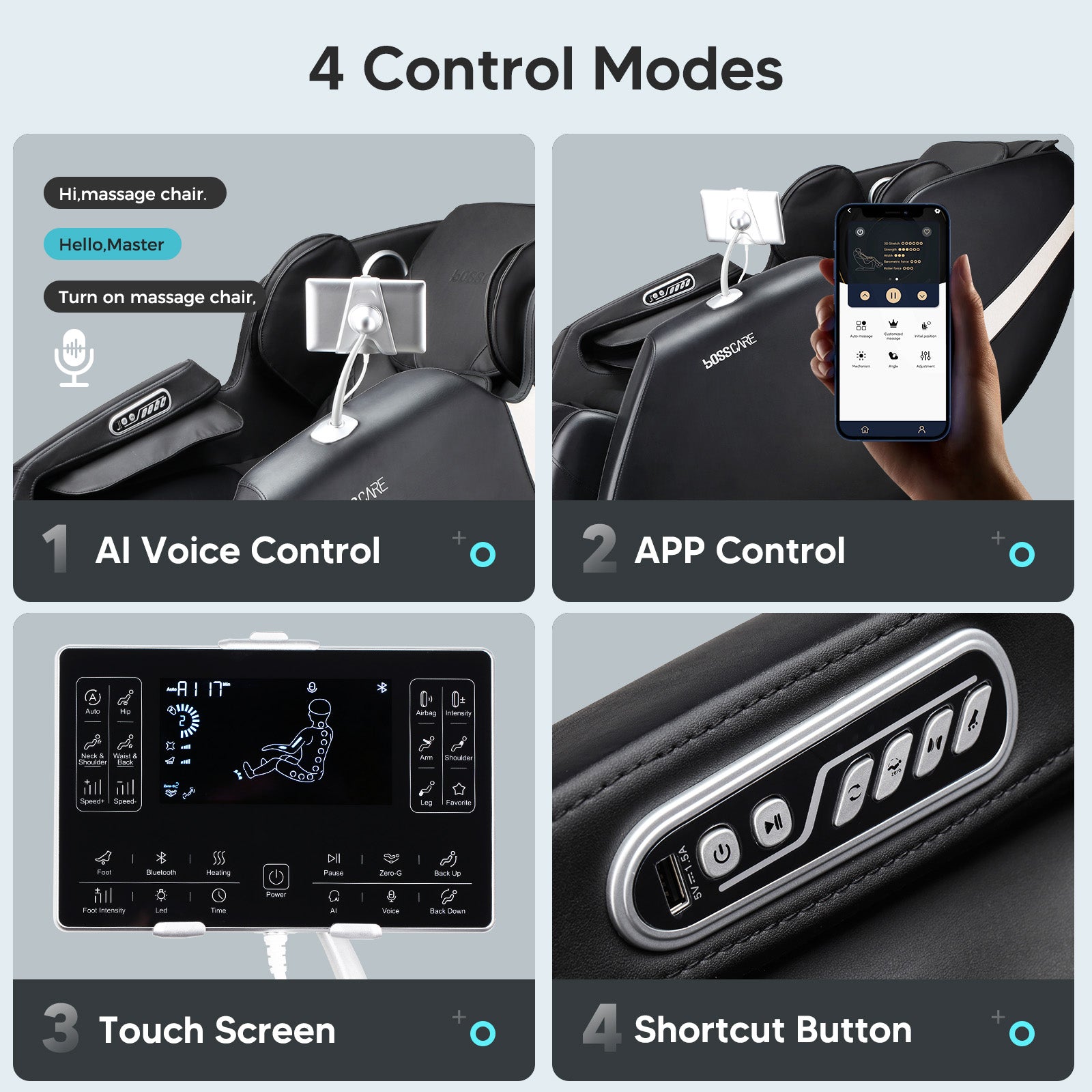 Four advanced control modes of the Bosscare GR8013 massage chair: 1. AI Voice Control for hands-free commands; 2. Dedicated Smart App for remote customization; 3. Large 7-inch Touch Screen with an intuitive interface; 4. Quick Shortcut Buttons on the armrest with a built-in USB charging port. Experience effortless smart-home wellness technology.