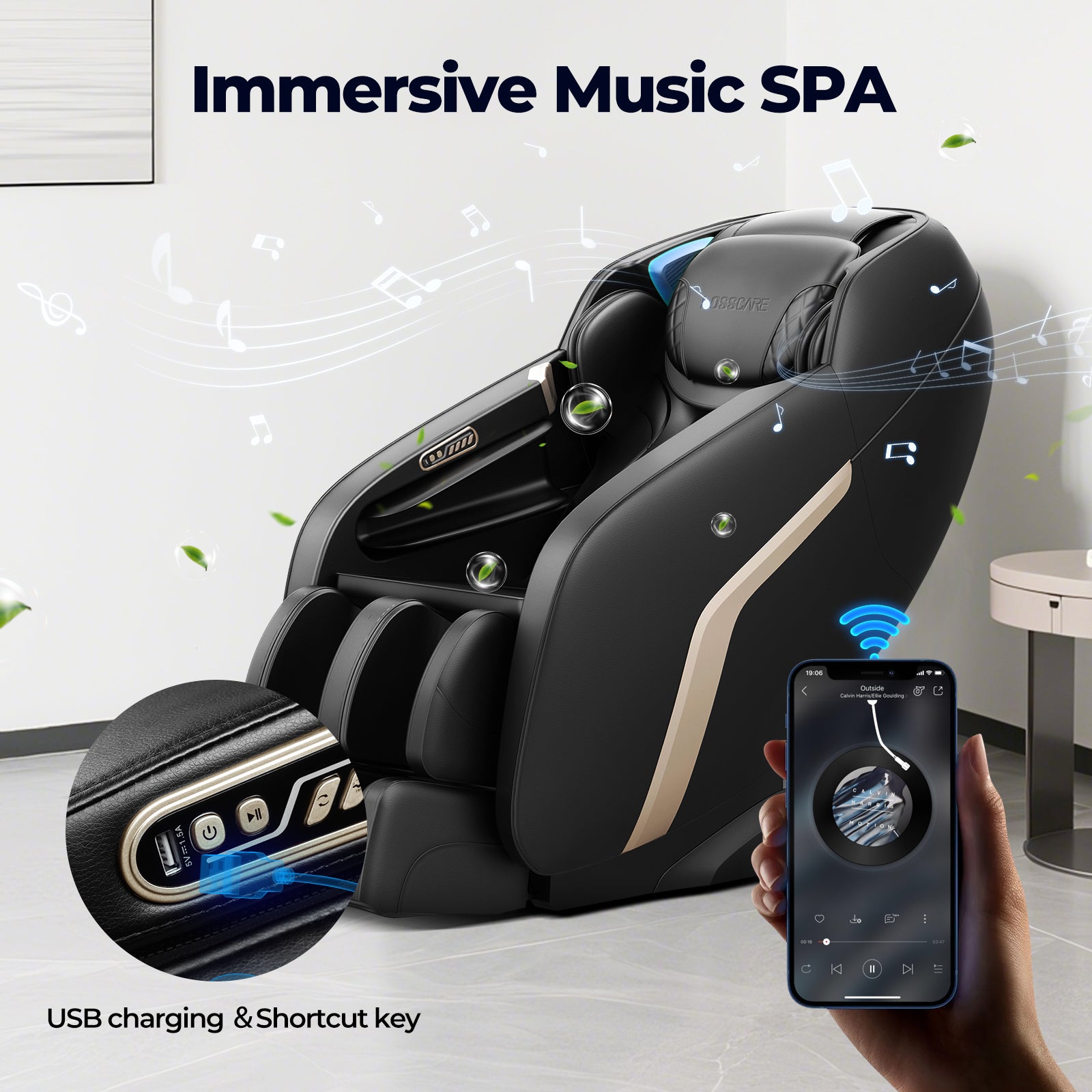 Bosscare GR8601 massage chair with Bluetooth audio, USB charging, and shortcut keys