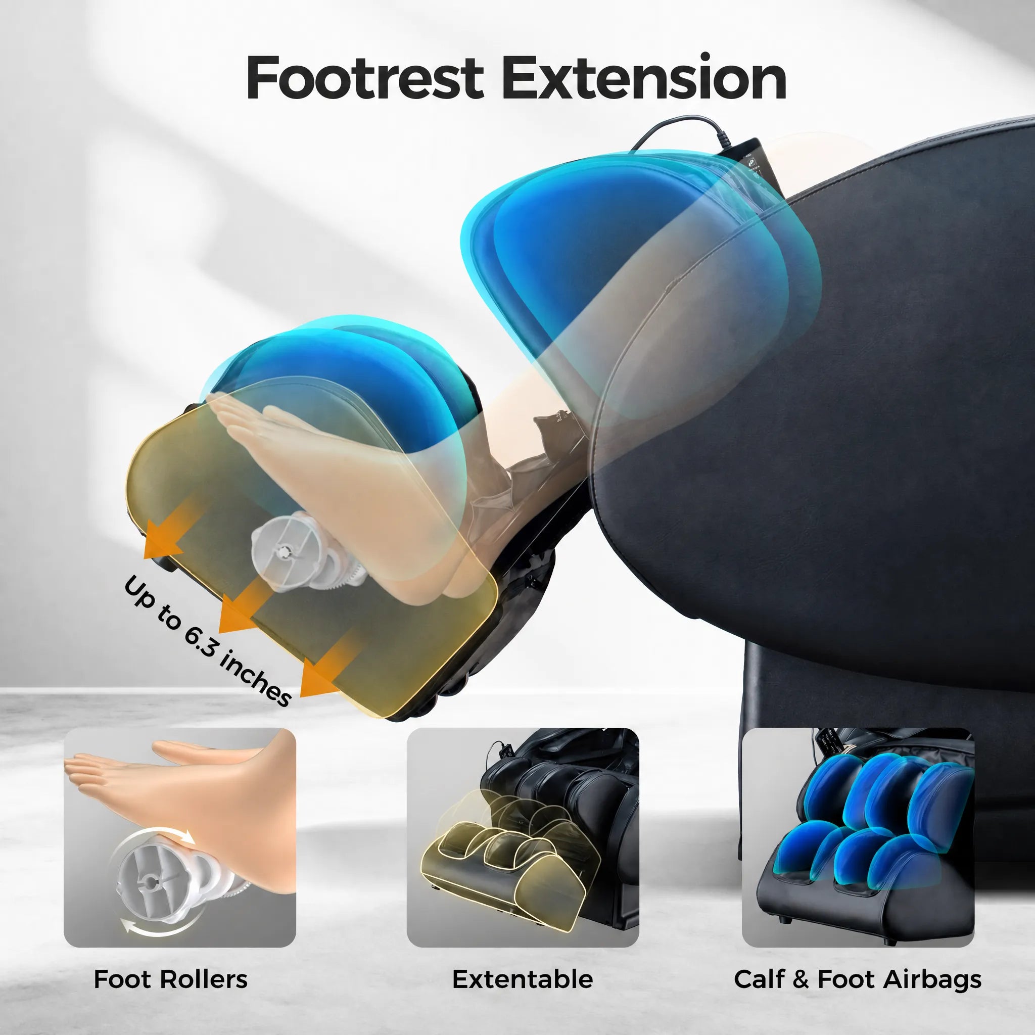 Bosscare GR8601 extendable footrest with foot rollers and calf foot airbags