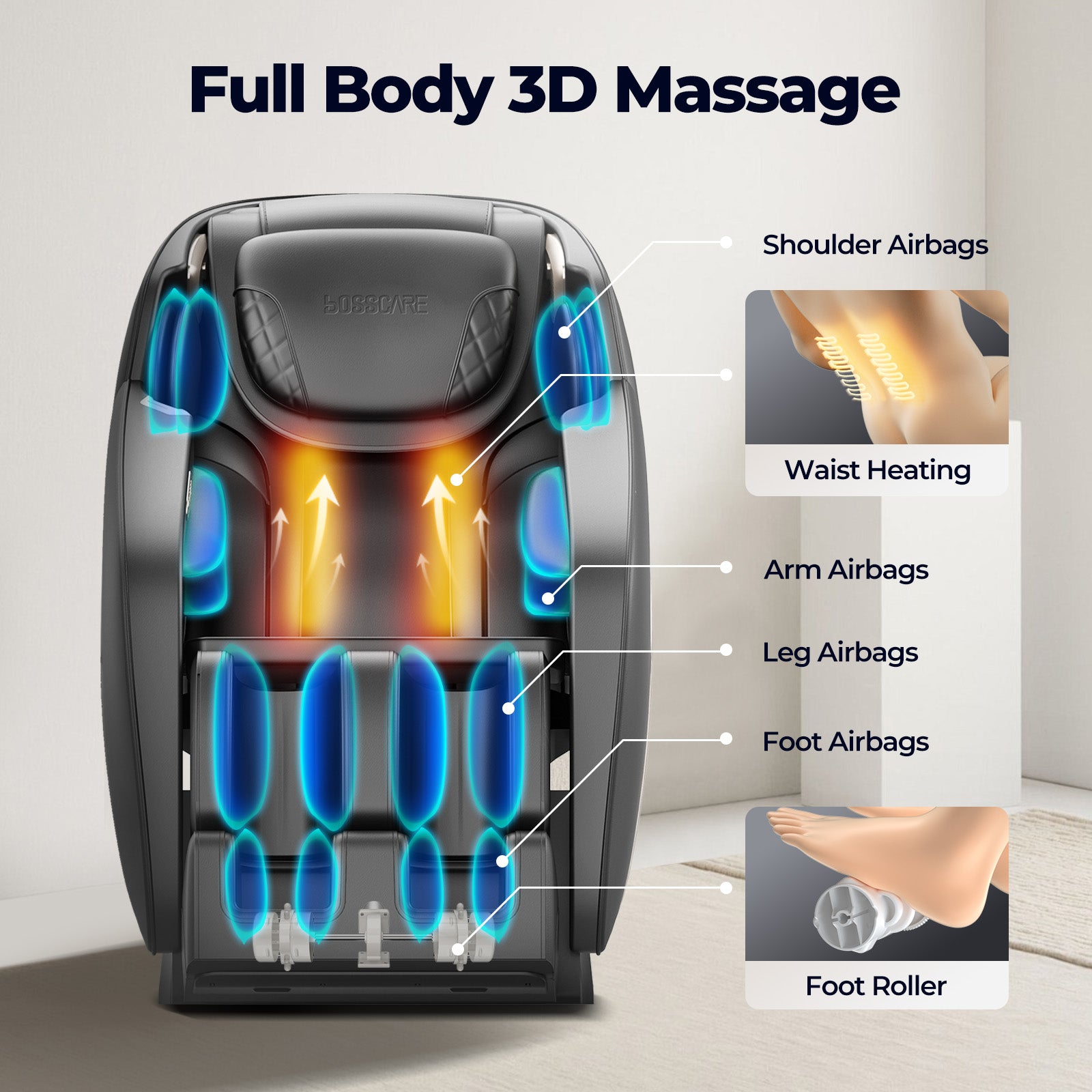 Bosscare GR8601 full body 3D massage chair with airbags, waist heat, and foot rollers