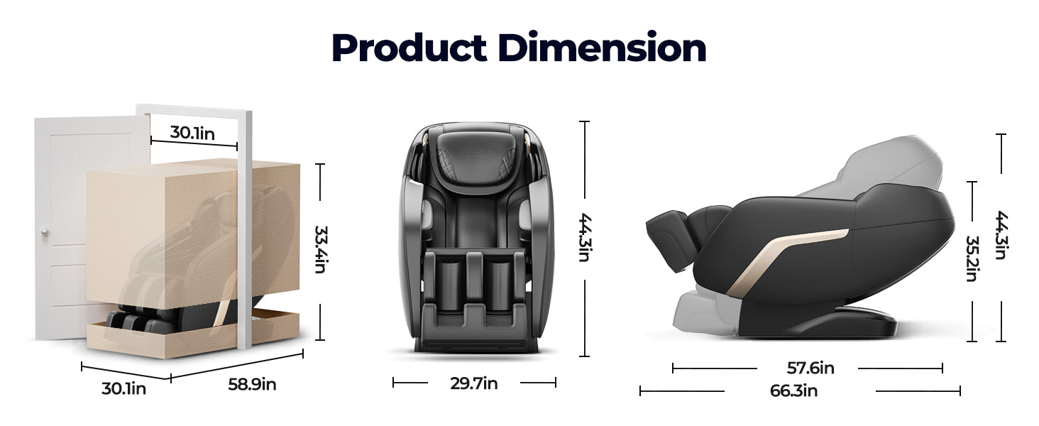 Bosscare GR8601 massage chair product dimensions with front and reclined views
