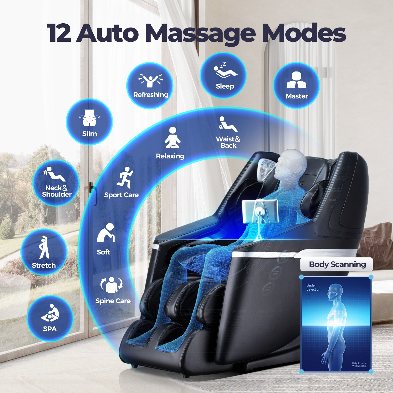 Bosscare GR8602 massage chair with 12 auto massage modes and body scanning