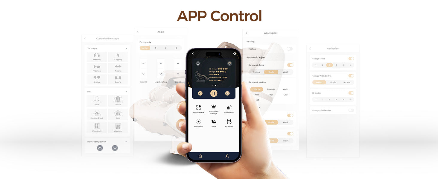 Bosscare GR8602 app control for customized massage settings and full-body airbag adjustment