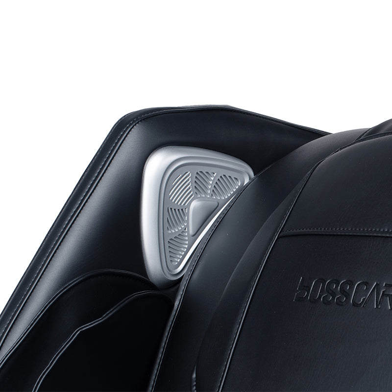 Bosscare GR8602 armrest and speaker detail on black massage chair
