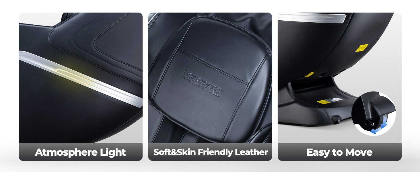 Bosscare GR8602 massage chair atmosphere light detail on side panel；Bosscare GR8602 soft leather backrest detail with BossCare logoBosscare GR8602 removable wheel design for easier chair moving