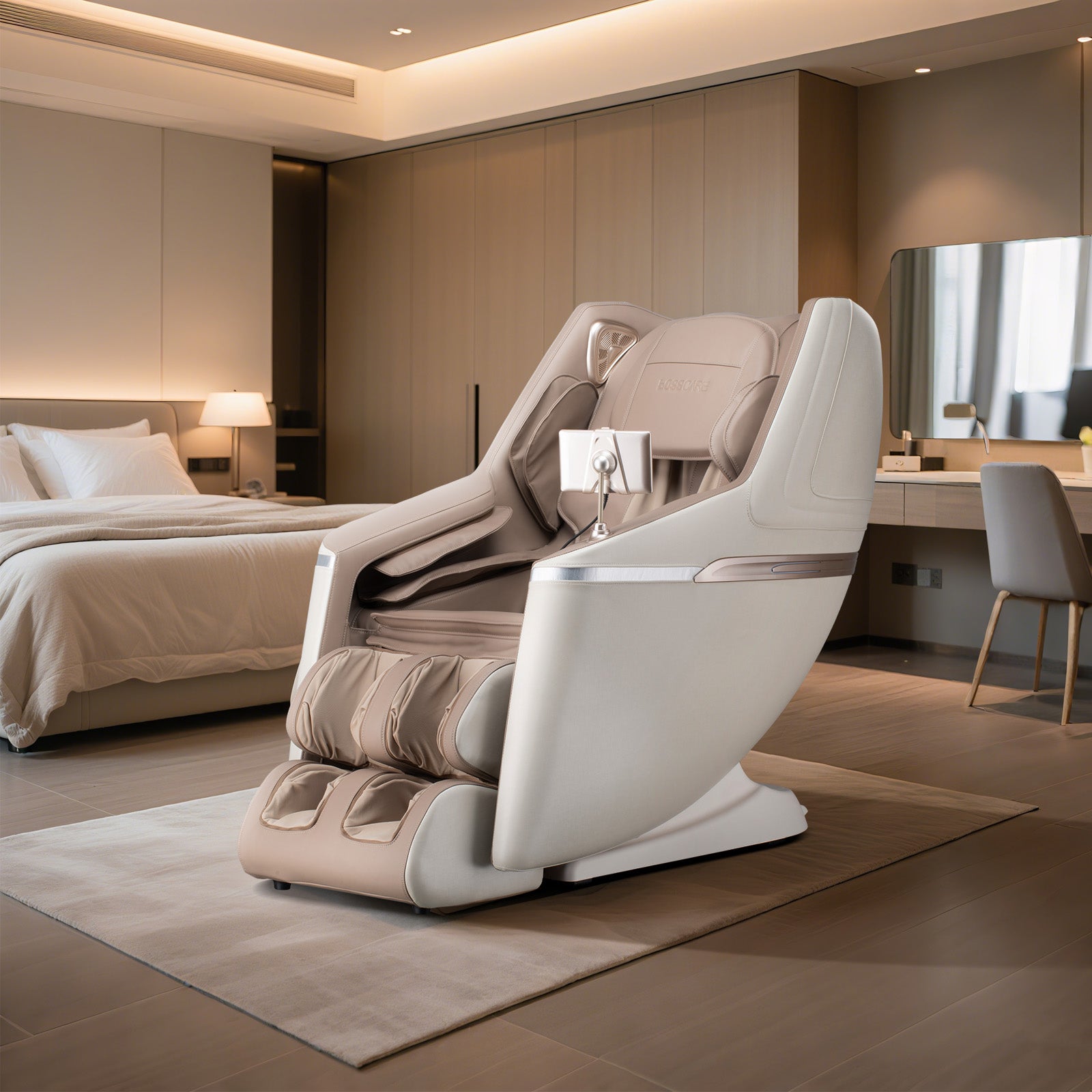 Bosscare GR8602 beige massage chair in a modern bedroom setting