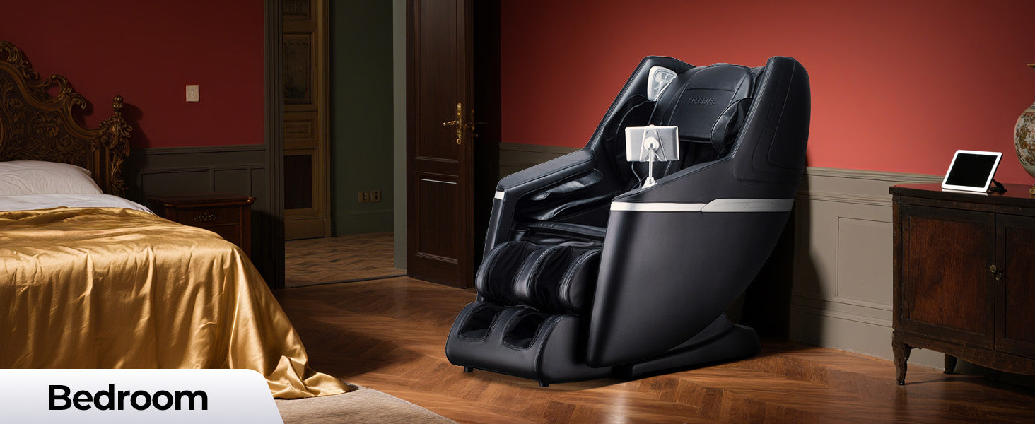 Bosscare GR8602 black massage chair in a sunlit living room