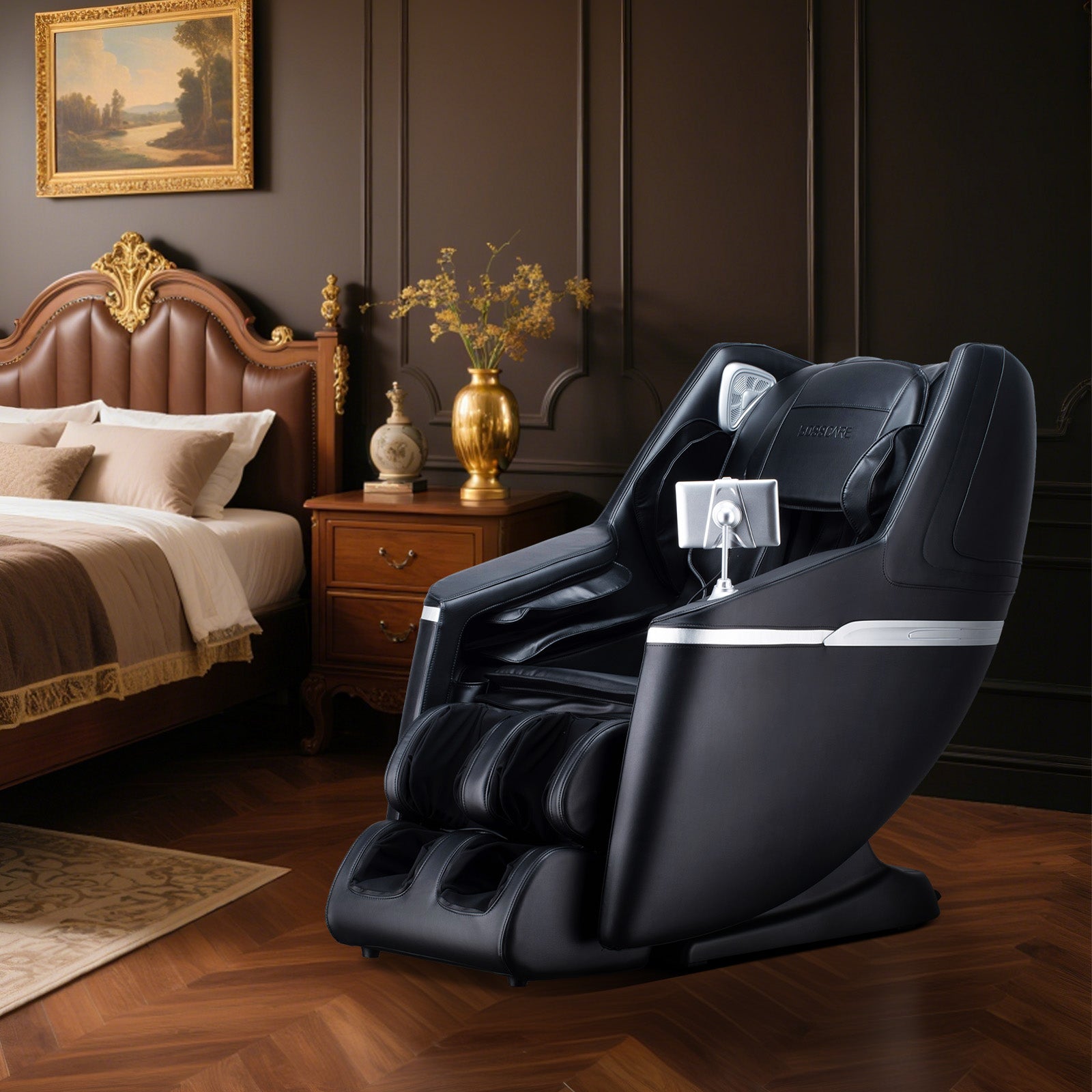 Bosscare GR8602 black massage chair in a luxury bedroom setting
