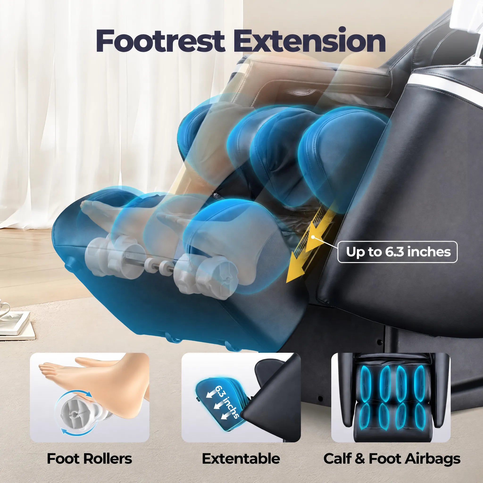 Bosscare GR8602 extendable footrest with foot rollers and calf foot airbags