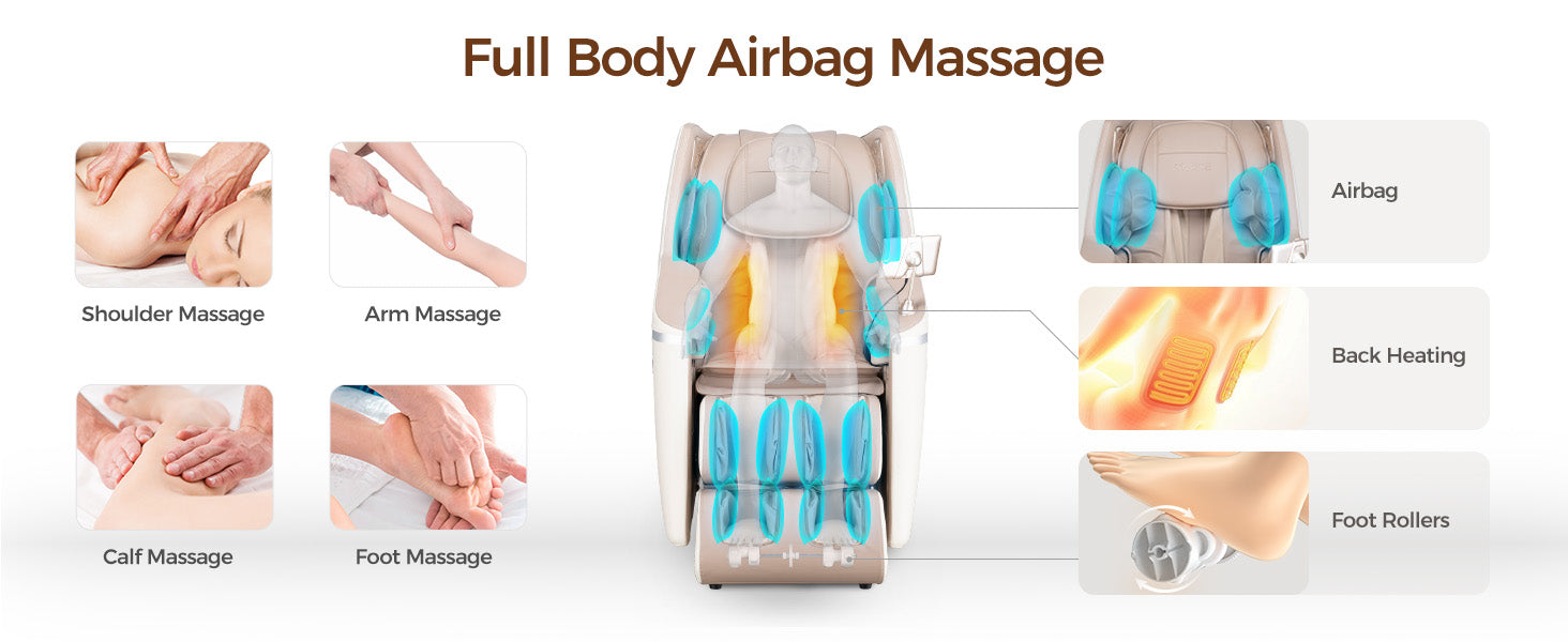 Bosscare GR8602 full-body airbag massage zones with back heating and foot rollers