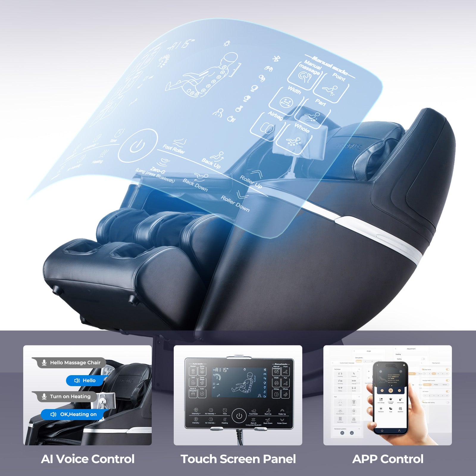 Bosscare GR8602 massage chair with AI voice control, touch screen panel, and app control