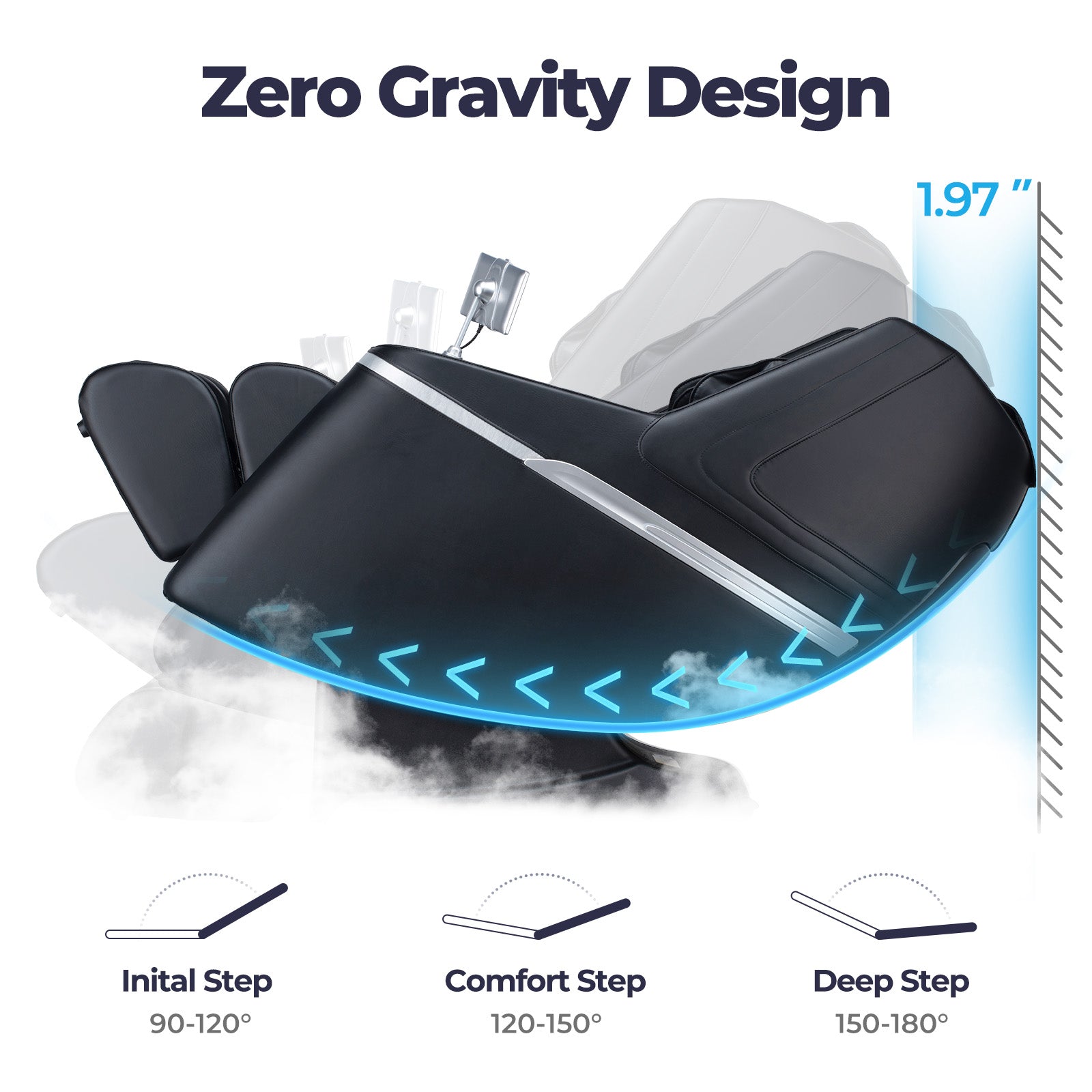 Bosscare GR8602 zero gravity massage chair with three recline steps and 1.97 inch wall clearance