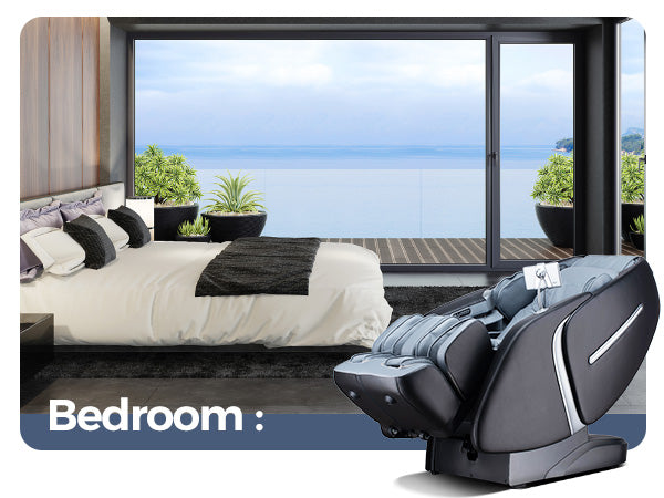 Bosscare GR8676 Pro gray massage chair in a bedroom with ocean view