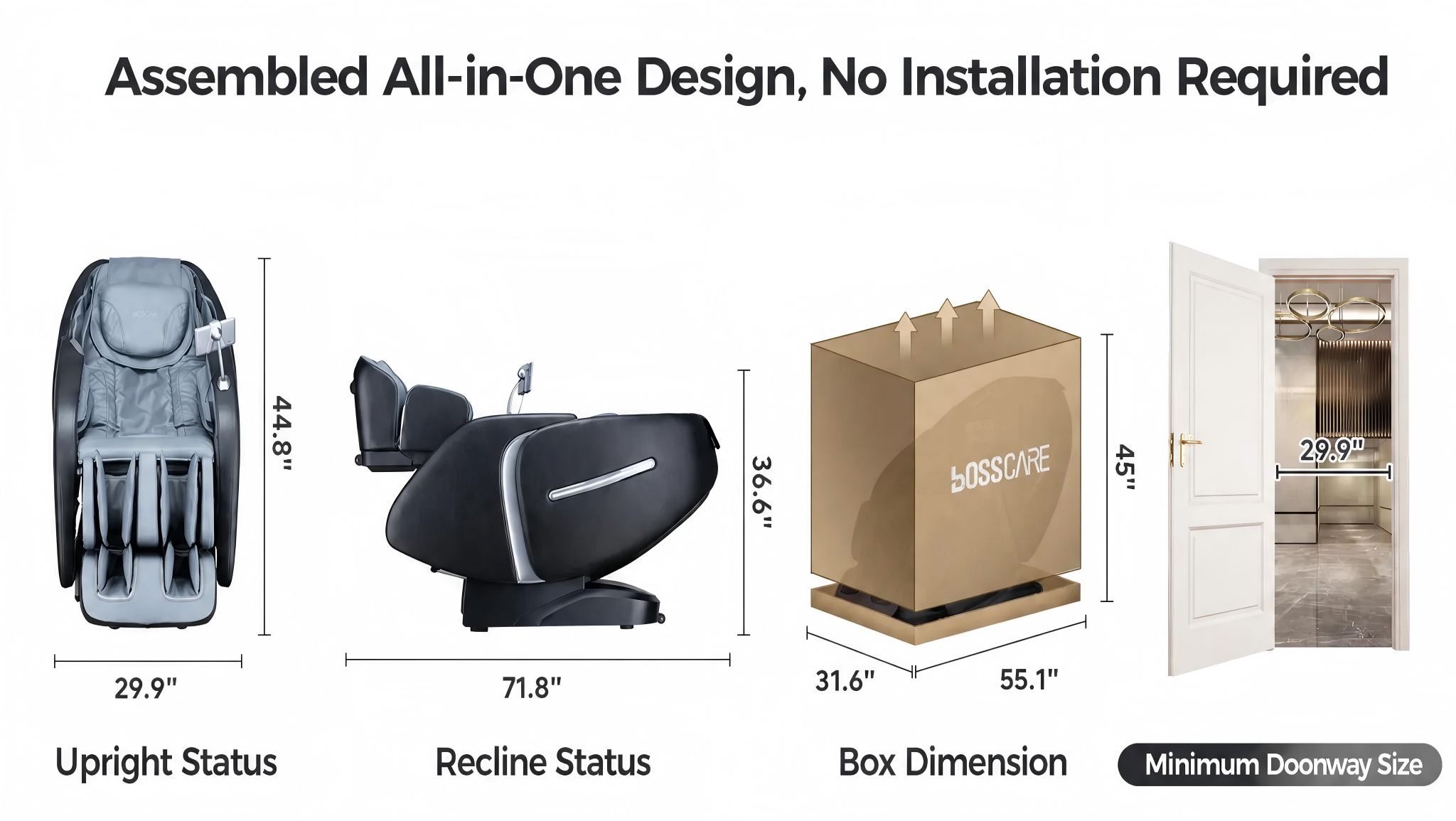 Bosscare GR8676 Pro assembled massage chair with product and box dimensions