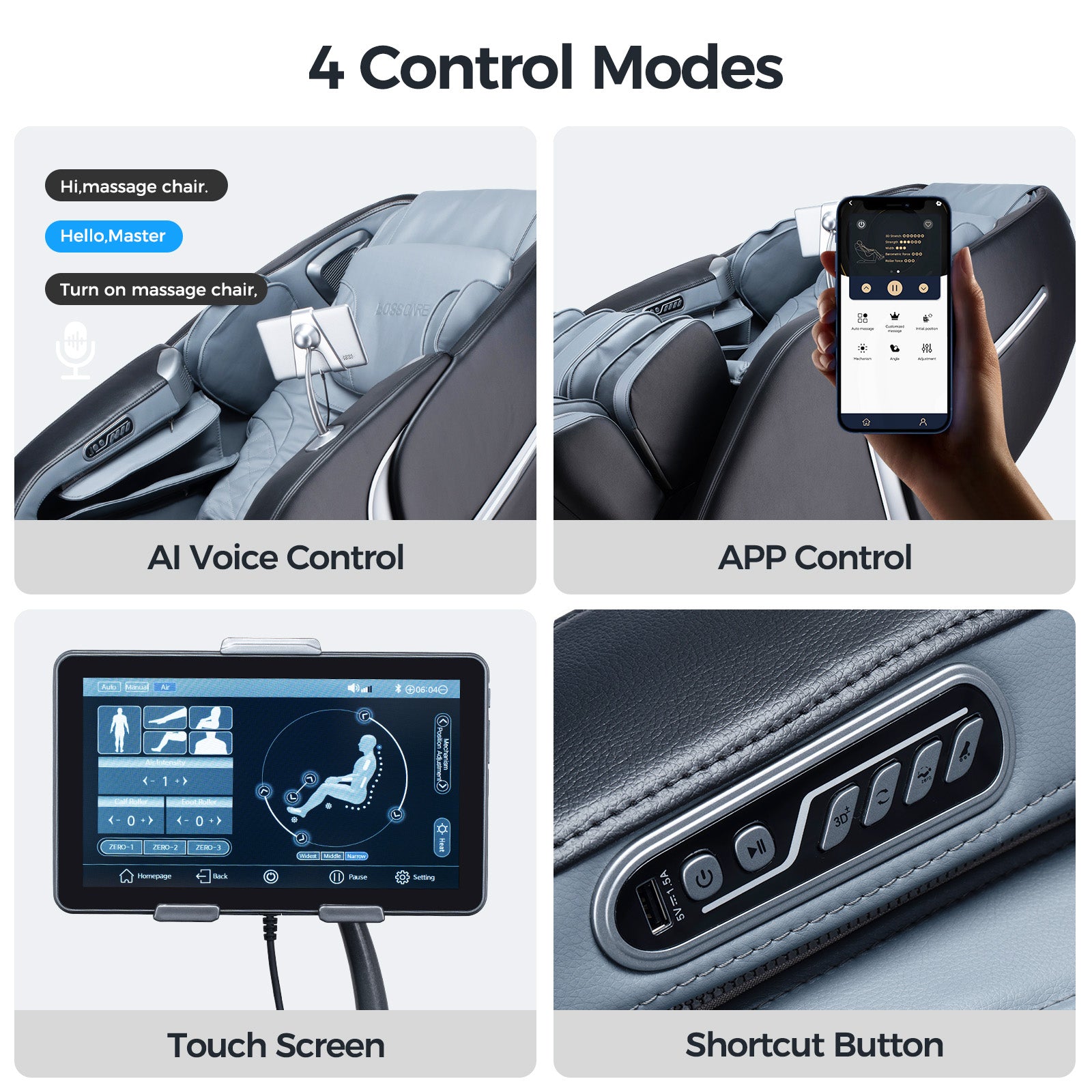 Bosscare GR8676 Pro massage chair with AI voice, app, touch screen, and shortcut controls