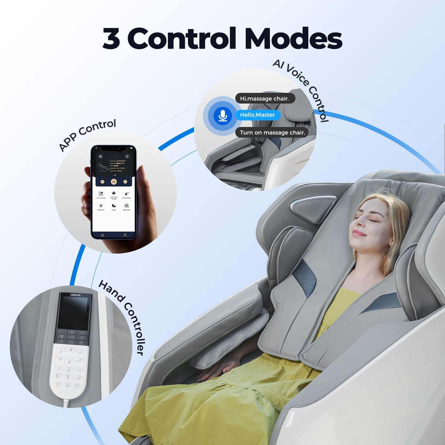 Bosscare GR8686 Oasis massage chair with app, voice, and handheld control modes