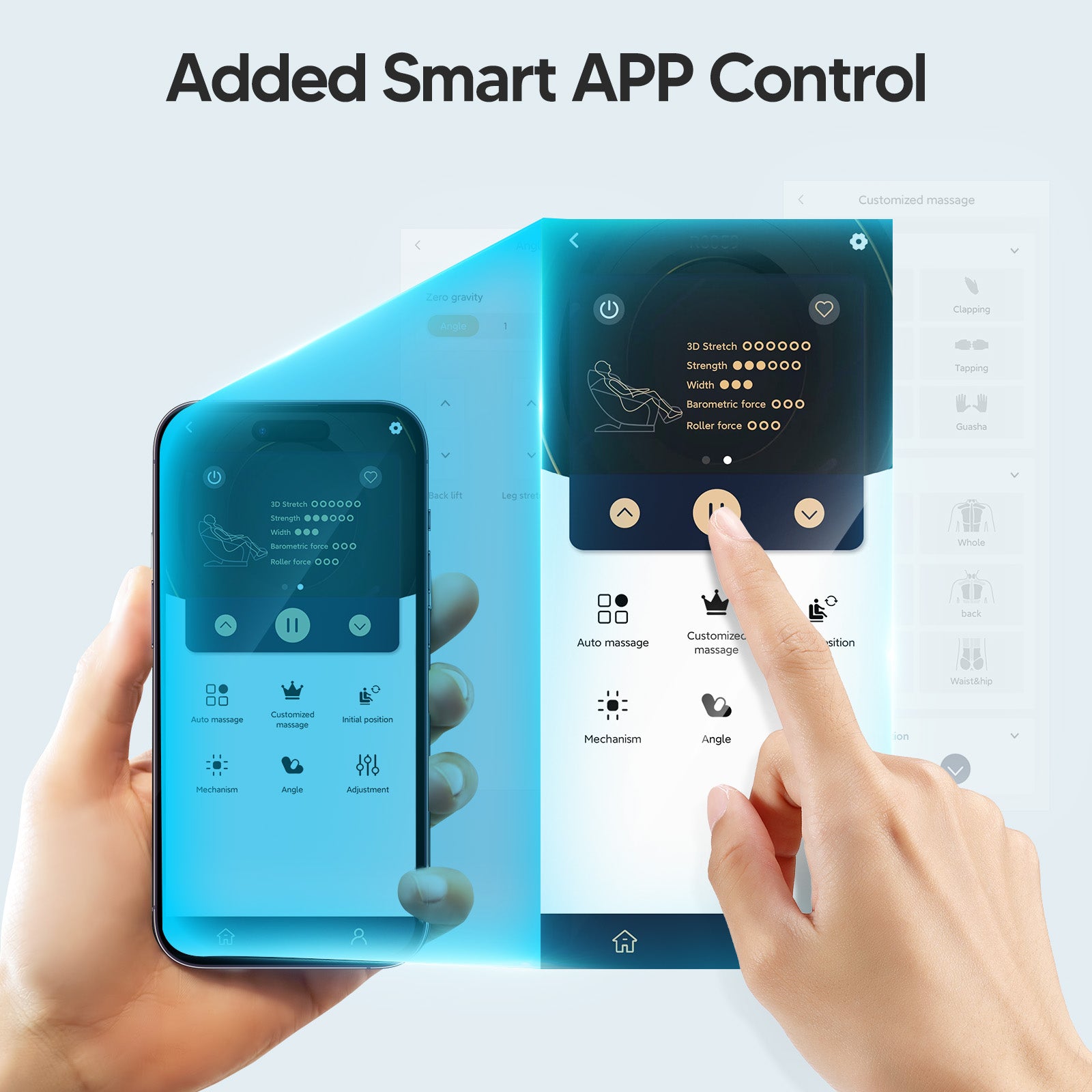 User interface of the Bosscare smart app controlling the GR8013 massage chair via Bluetooth. The app allows users to switch between 6 auto modes, adjust 3 levels of massage intensity, and control heating or zero-gravity positions directly from a smartphone. Perfect for tech-savvy users seeking a customized and connected wellness experience.