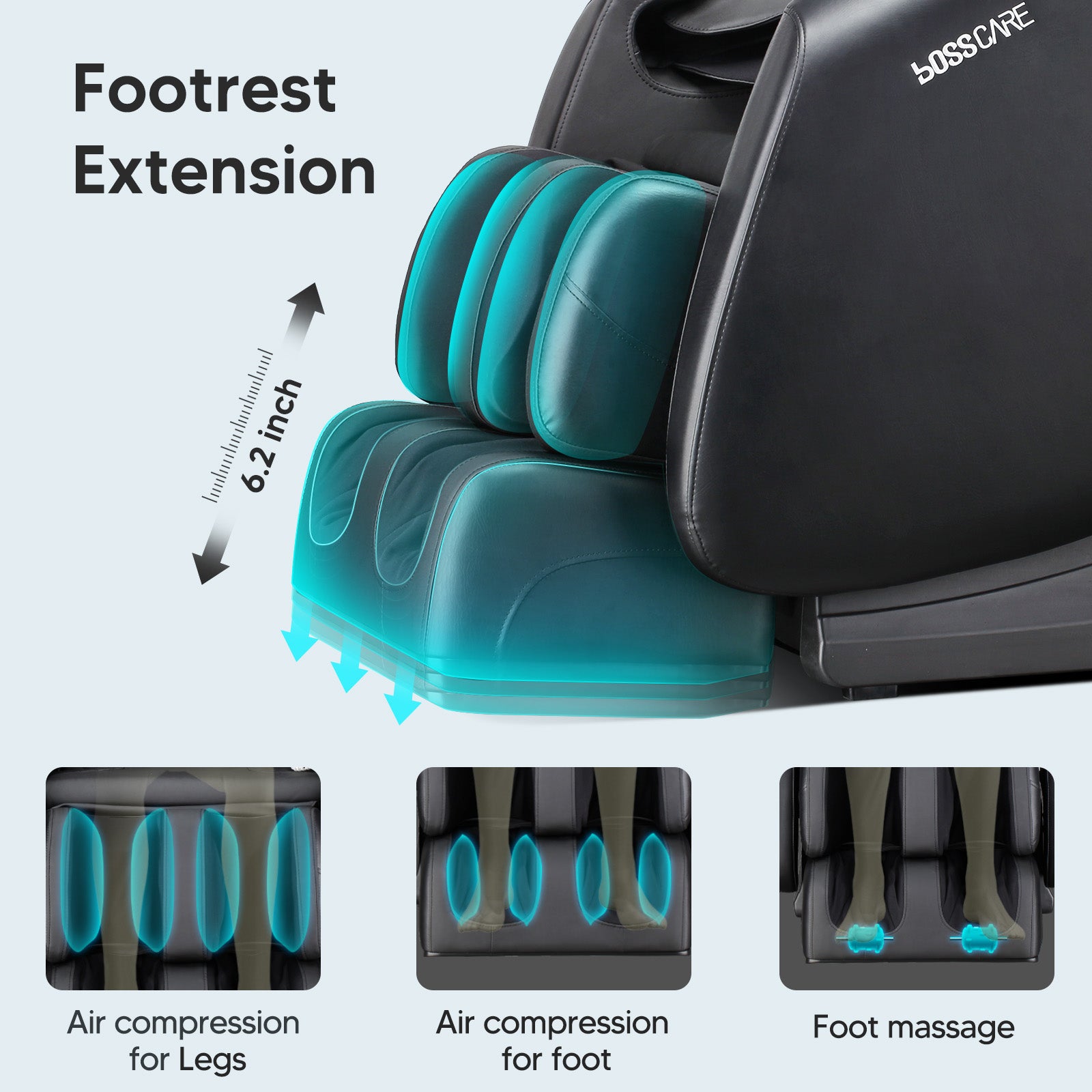 The 5.9-inch (15cm) extendable footrest of the Bosscare GR8013, ensuring an ergonomic fit for various family members.
