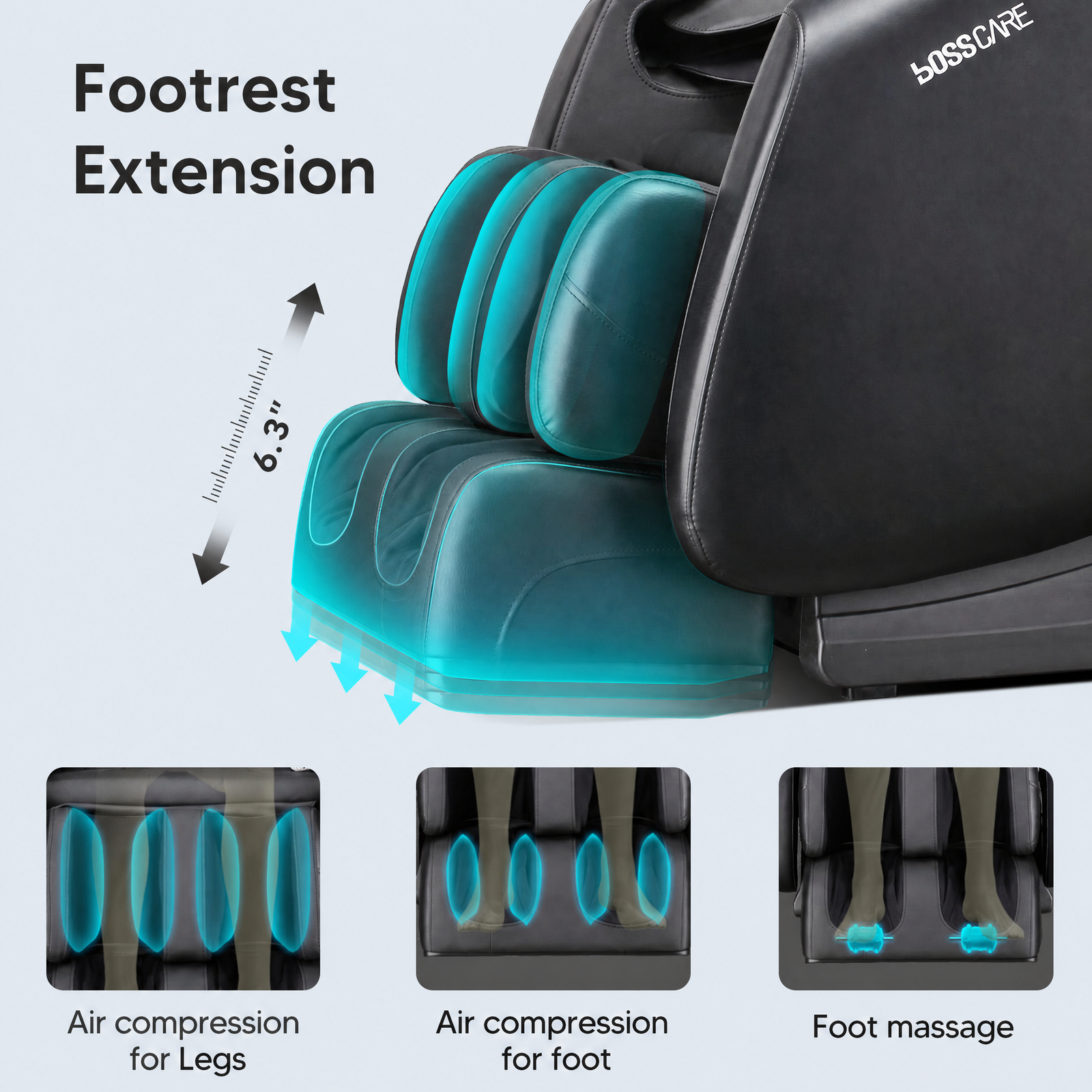 Close-up of the Bosscare GR8013 footrest extension featuring a 6.2-inch adjustable range to accommodate different heights. Showcases triple-action lower body relief: air compression for legs, air compression for feet, and specialized rollers for deep foot massage and reflexology.