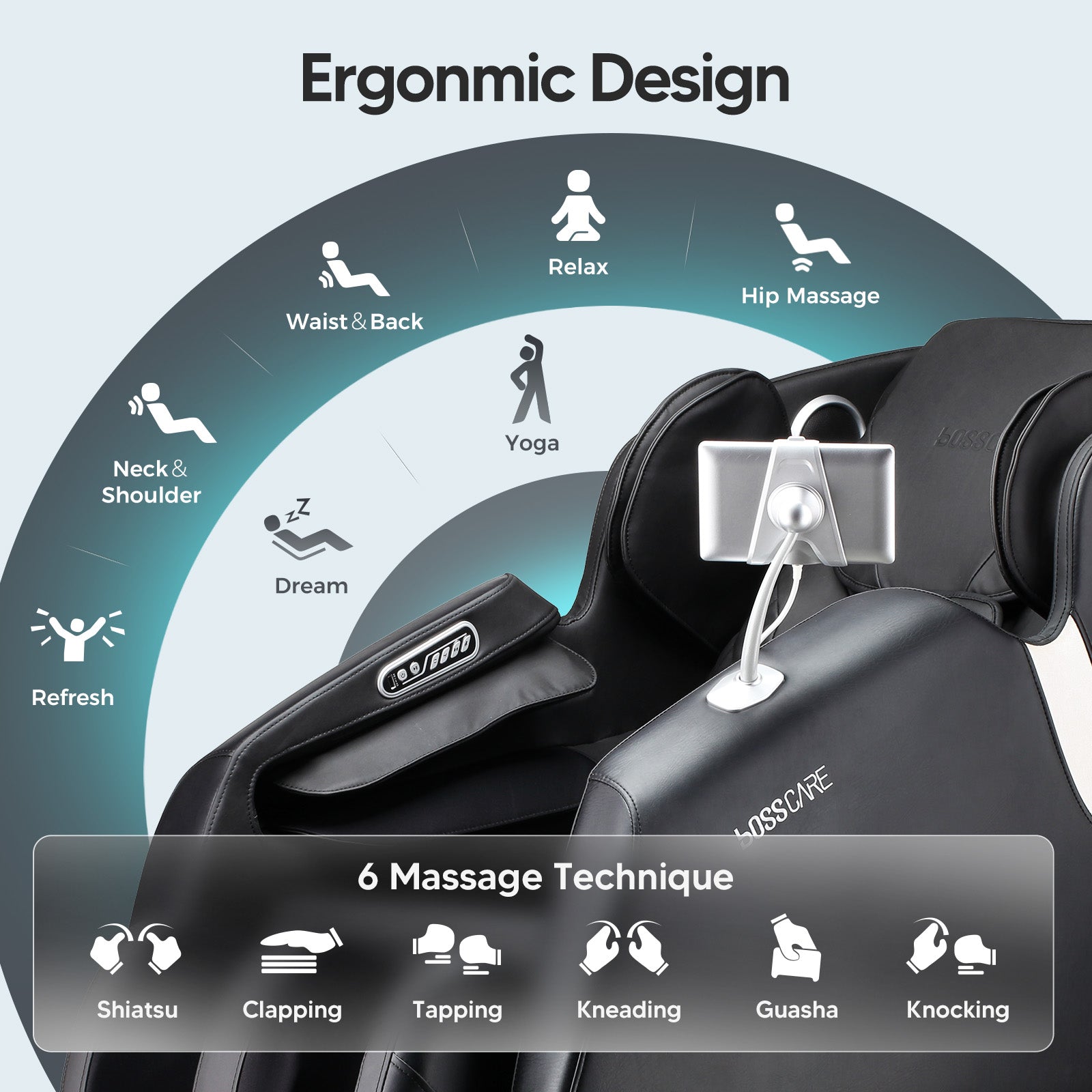 Bosscare GR8013 massage chair featuring advanced AI Voice Control technology for a hands-free relaxation experience. Users can easily activate massage programs, adjust intensity, or change modes using simple voice commands. Designed for smart home integration and ultimate user convenience.