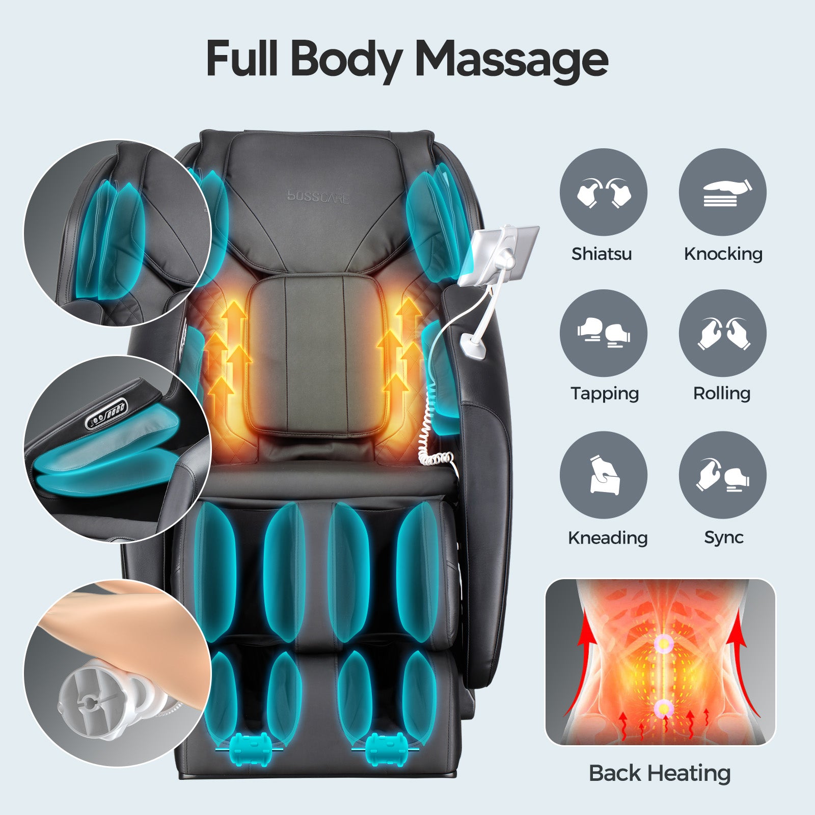 Diagram showing full-body airbag compression and built-in waist heating pads on the GR8013 SmartRelax.