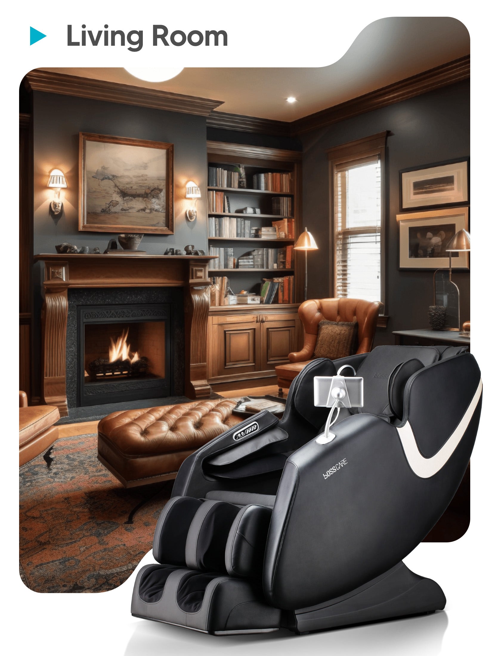 Bosscare GR8013 massage chair integrated into a classic, luxury living room with a fireplace and bookshelf. Demonstrates how the chair's sophisticated aesthetic complements high-end home decor while providing daily stress relief for the family.