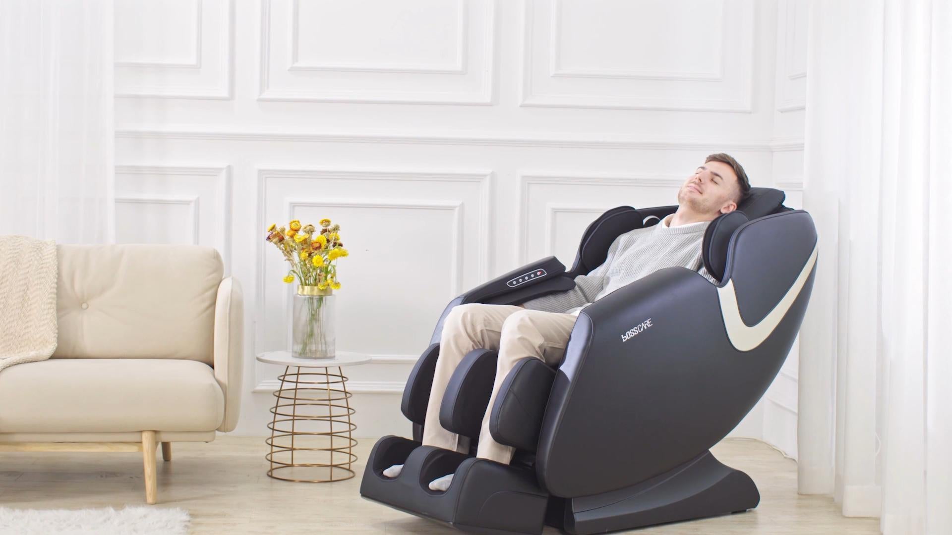 A user experiencing deep-tissue relaxation in a BossCare GR8012 massage chair; showing the 3-level zero gravity reclining position, immersive audio music sync, and ergonomic shoulder airbags.